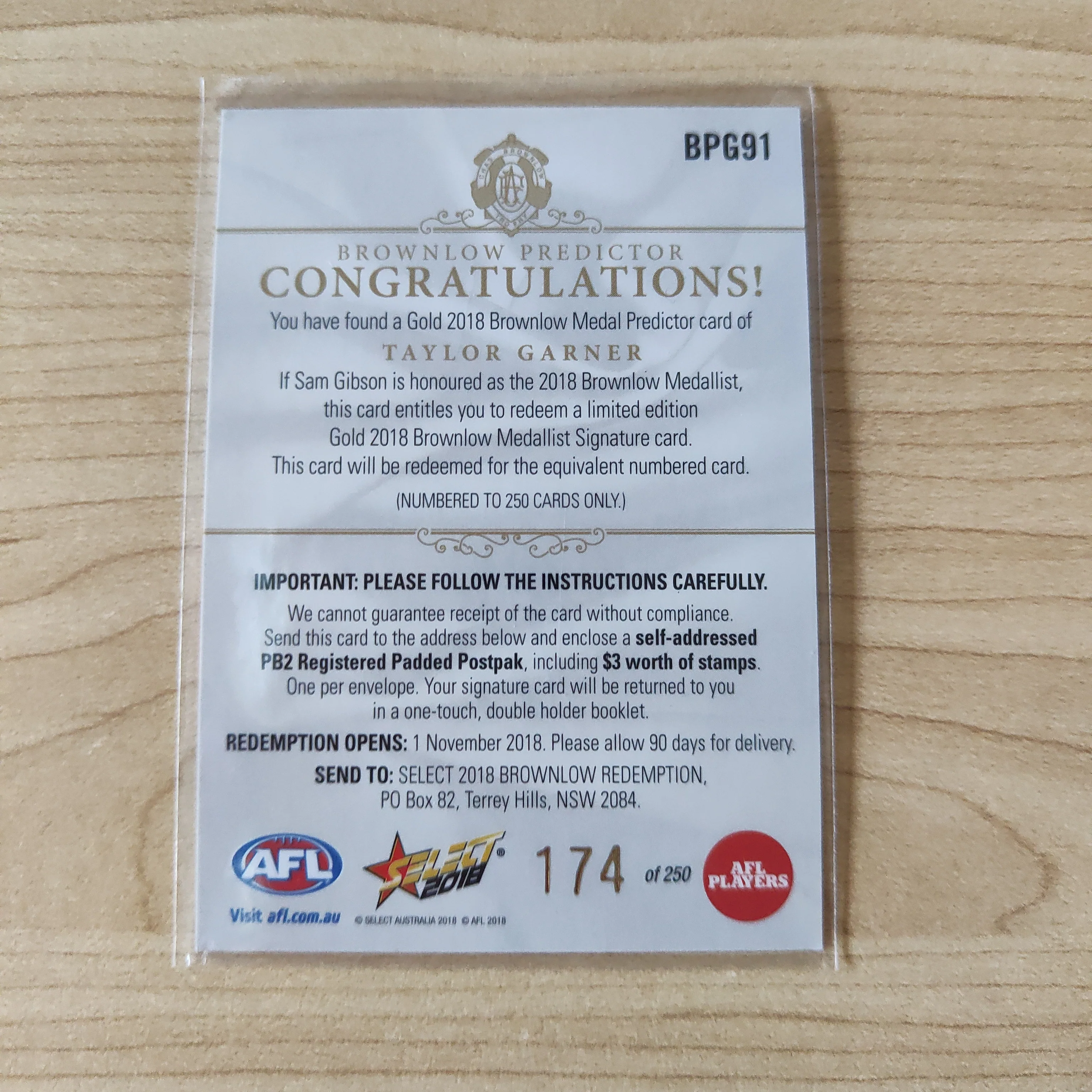 2018 Select Footy Stars Gold Brownlow Predictor Taylor Garner North Melbourne 174/250 - Image 2