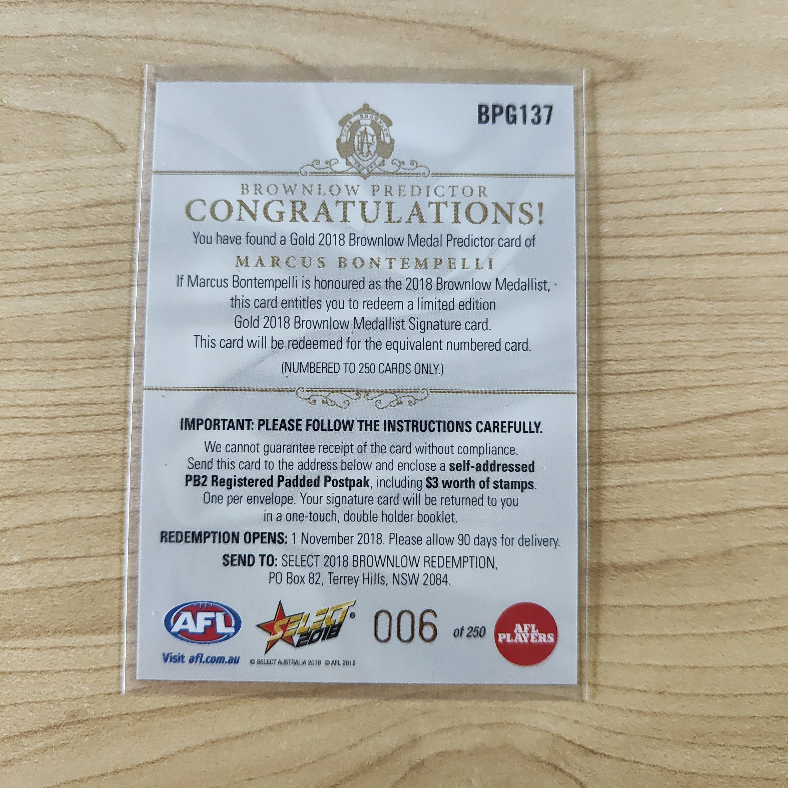 2018 Select Gold Brownlow Predictor Marcus Bontempelli Western Bulldogs LOW NUMBER No.006/250 - Image 2