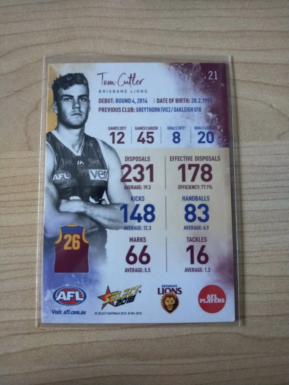 2018 Select Tom Cutler Brisbane Football Card Hand Signed - Image 2