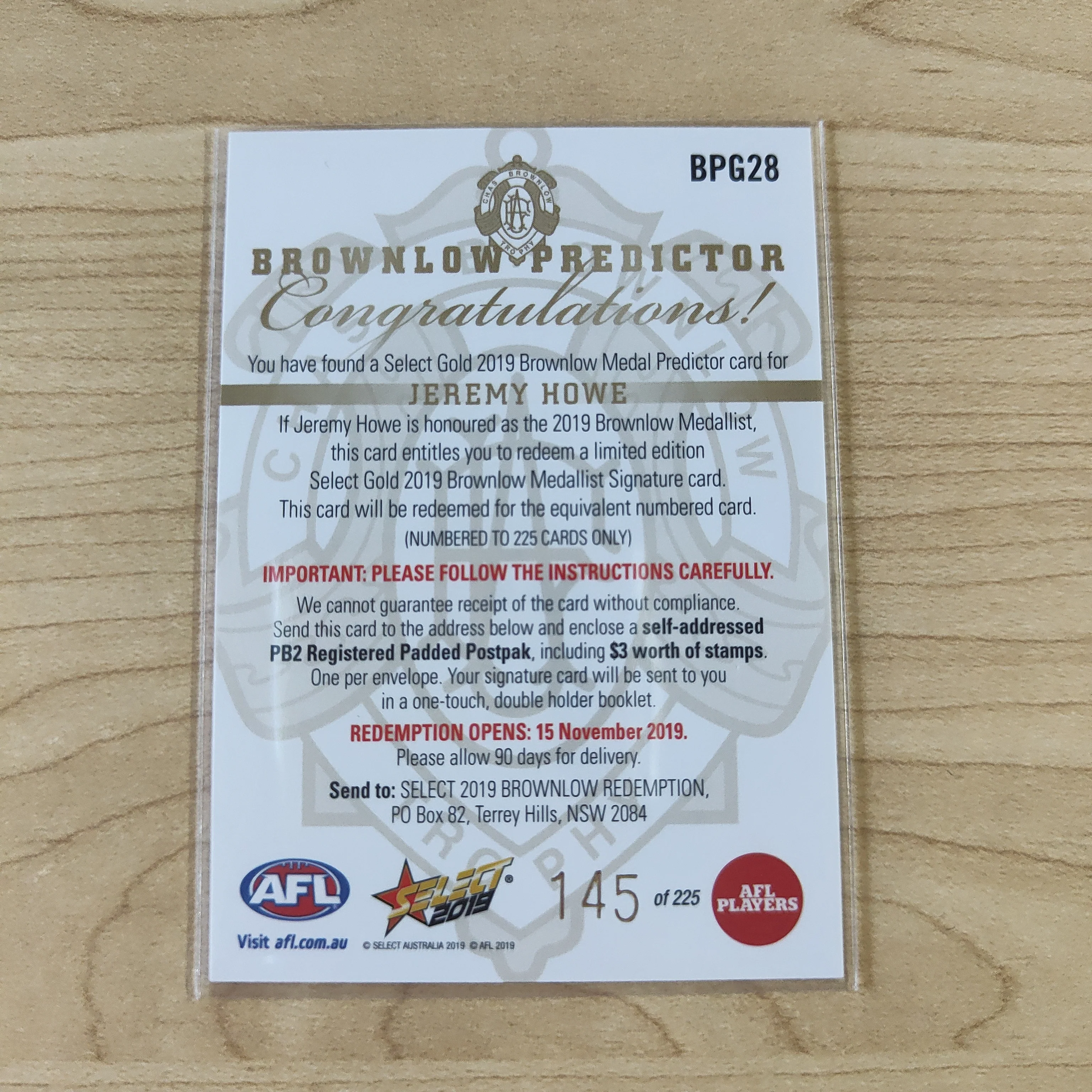 2019 AFL Select Brownlow Predictor Jeremy Howe Collingwood No.145/225 - Image 2