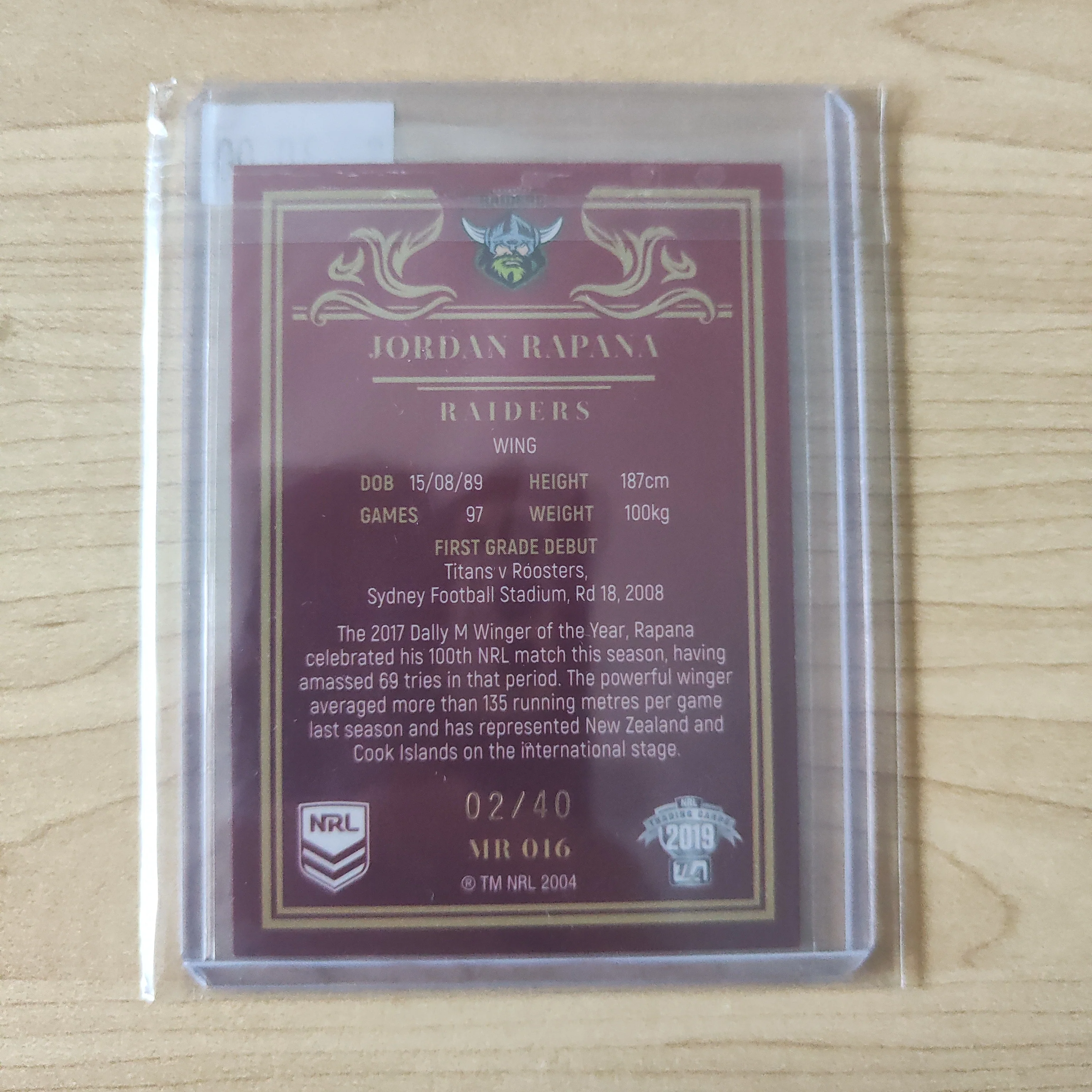 2019 NRL Elite Mojo Ruby Jordan Rapana Raiders 02/40 - Image 2