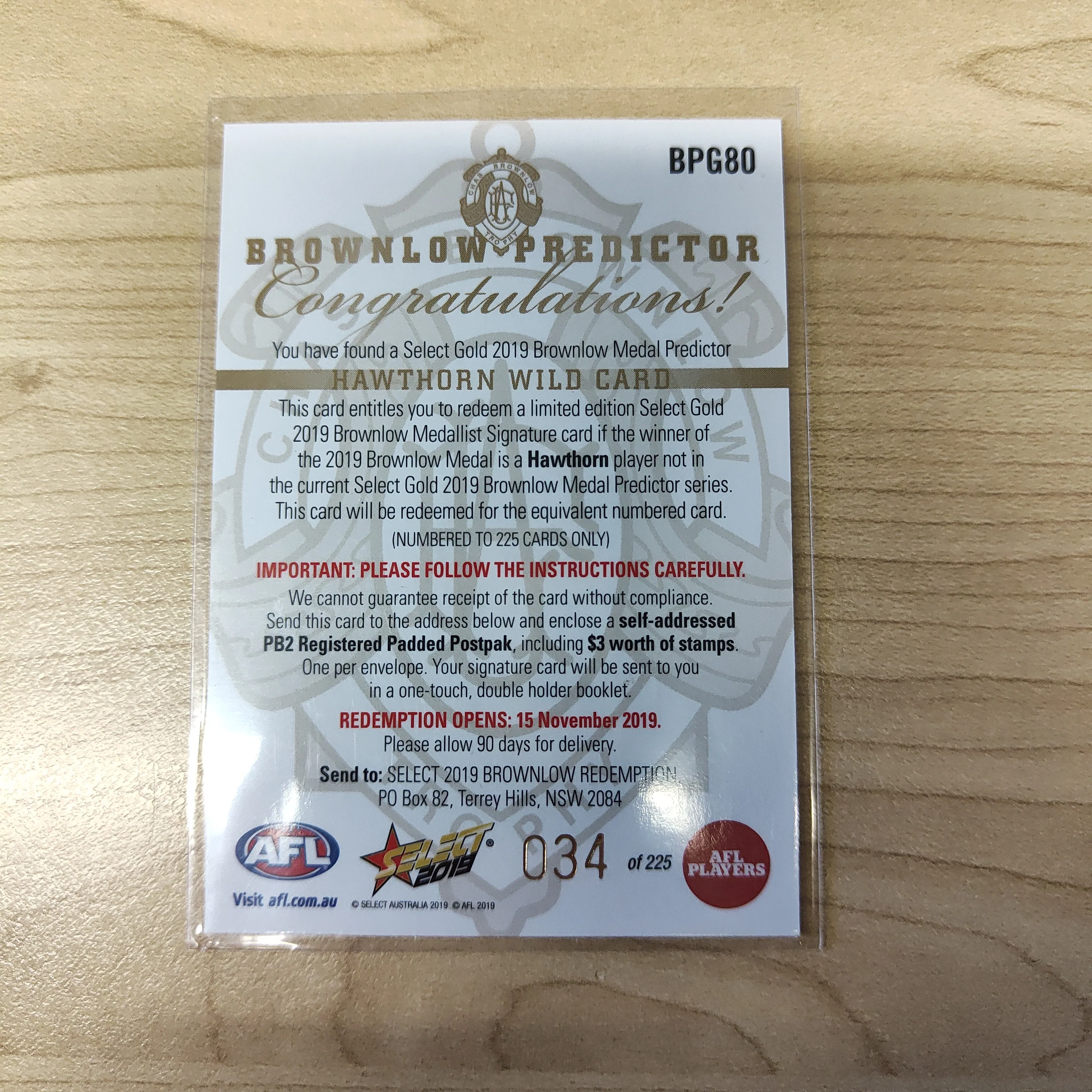 2019 Select Gold Brownlow Predictor Hawthorn Wild Card - Image 2