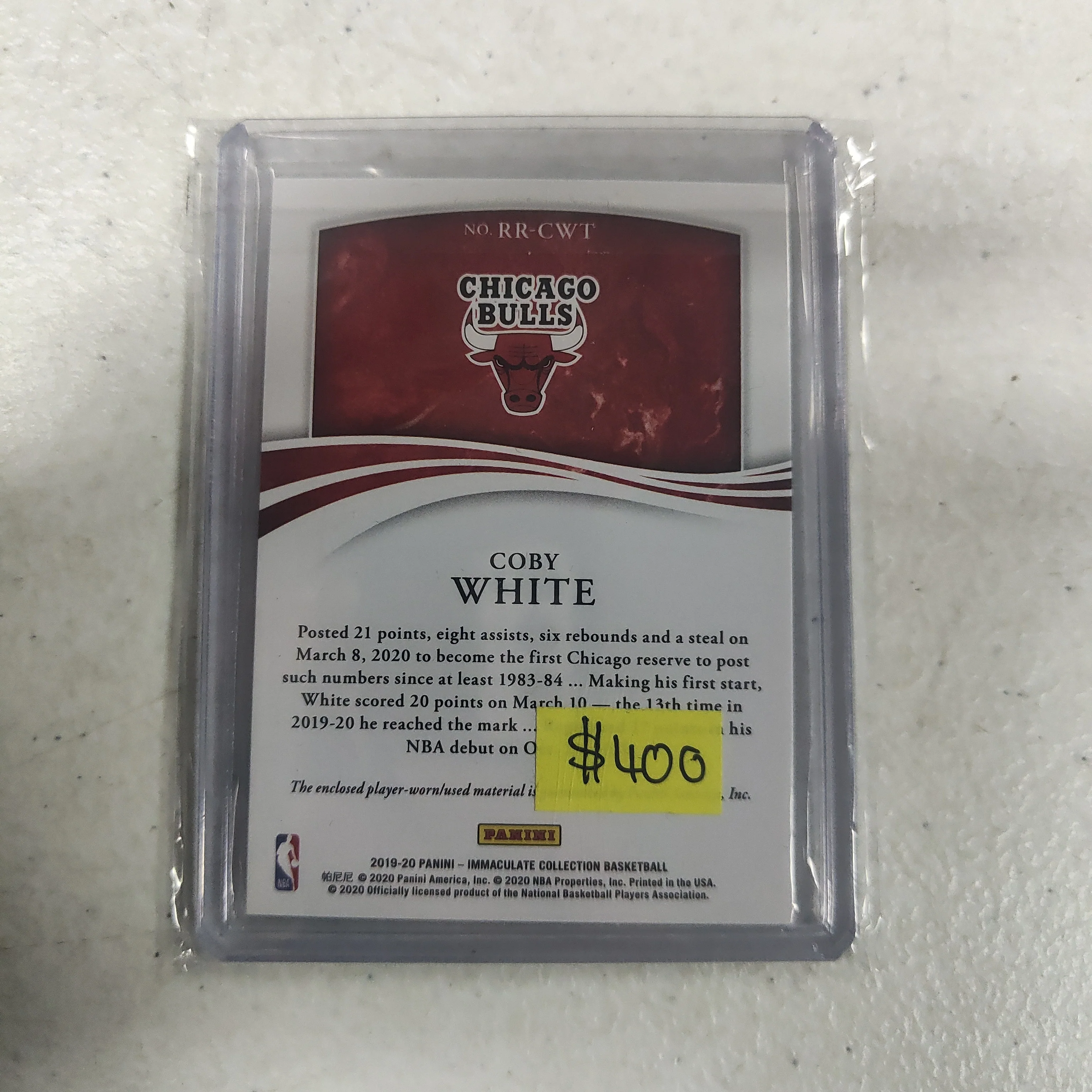 2020 Panini Immaculate Collection Remarkable Coby White Chicago Bulls NBA Basketball Card 13/25 - Image 2