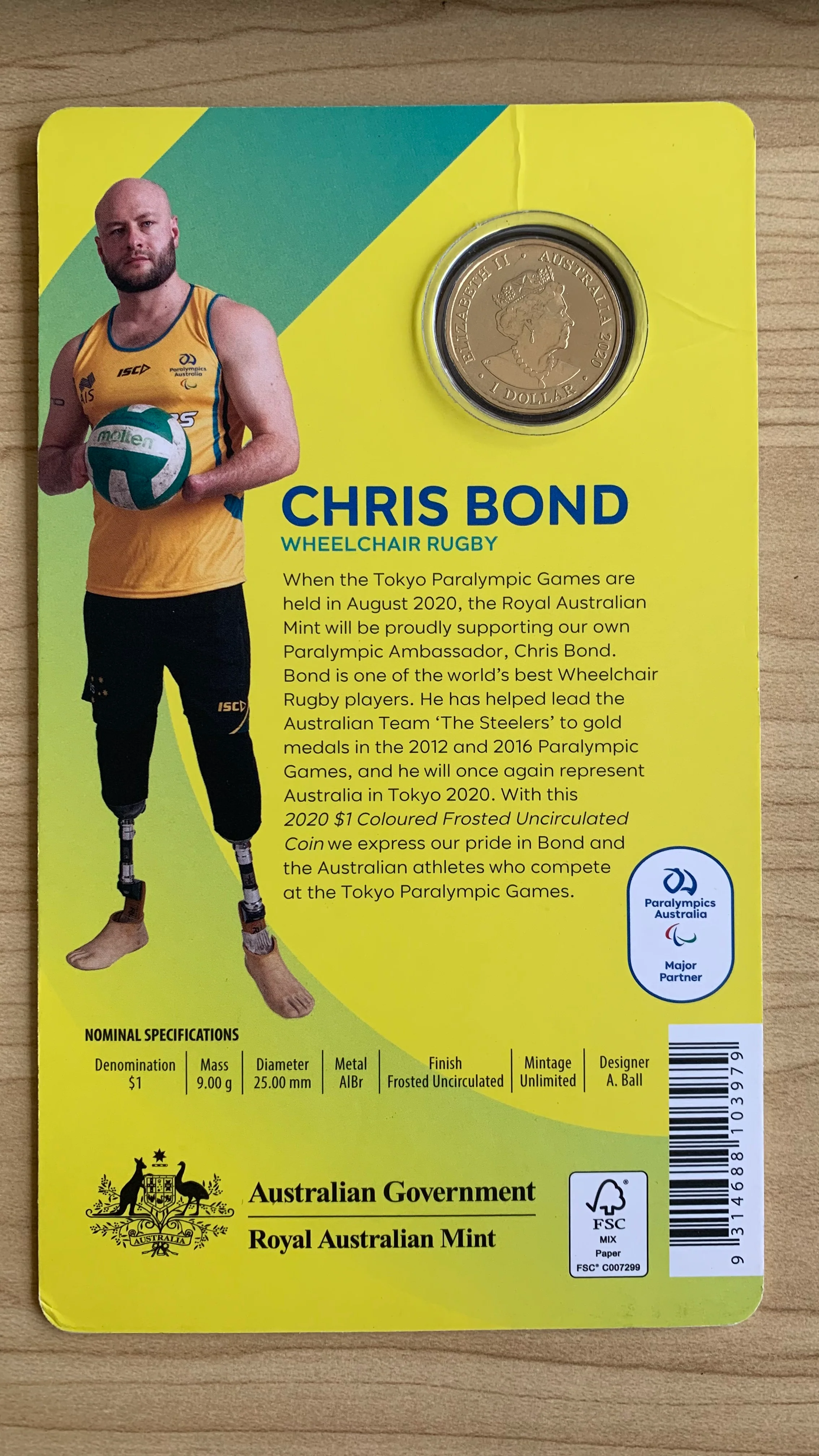 Australia 2020 Royal Australian Mint $1 Australian Paralympics Tokyo Uncirculated Coloured Coin - Image 2