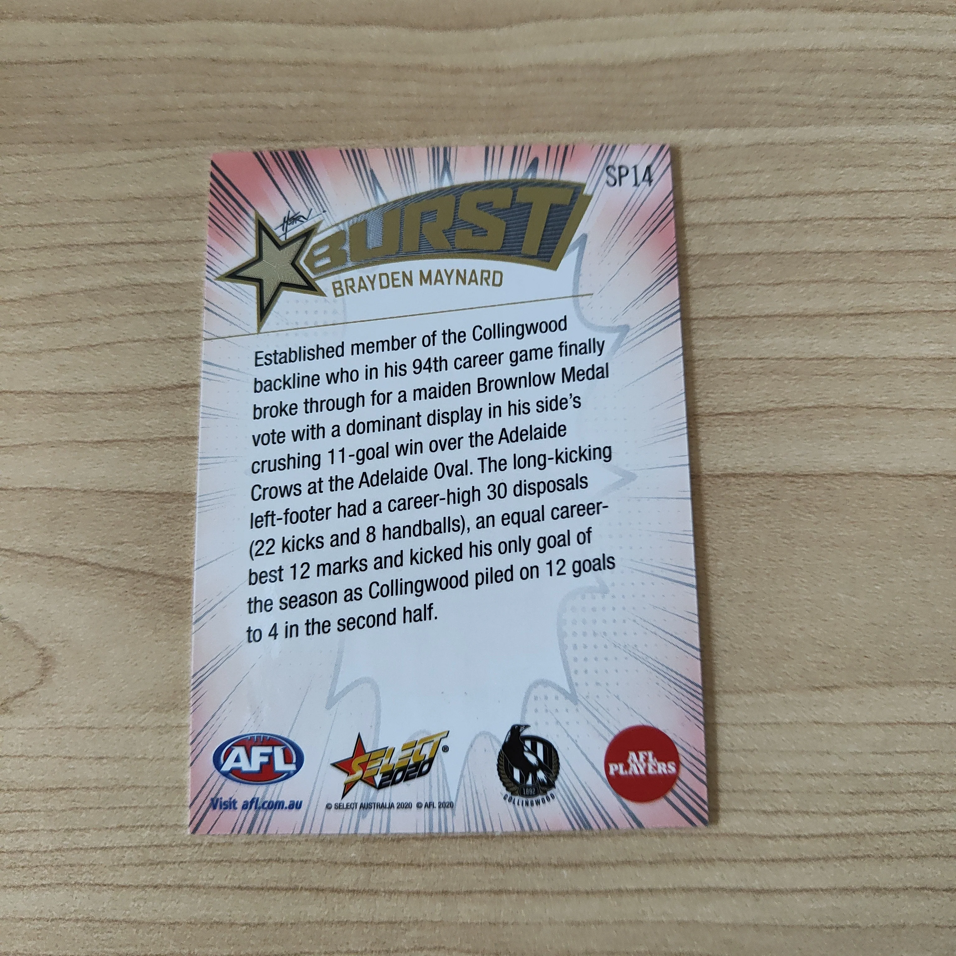 2020 Select Footy Stars Explosion Star Burst Brayden Maynard Collingwood - Image 2
