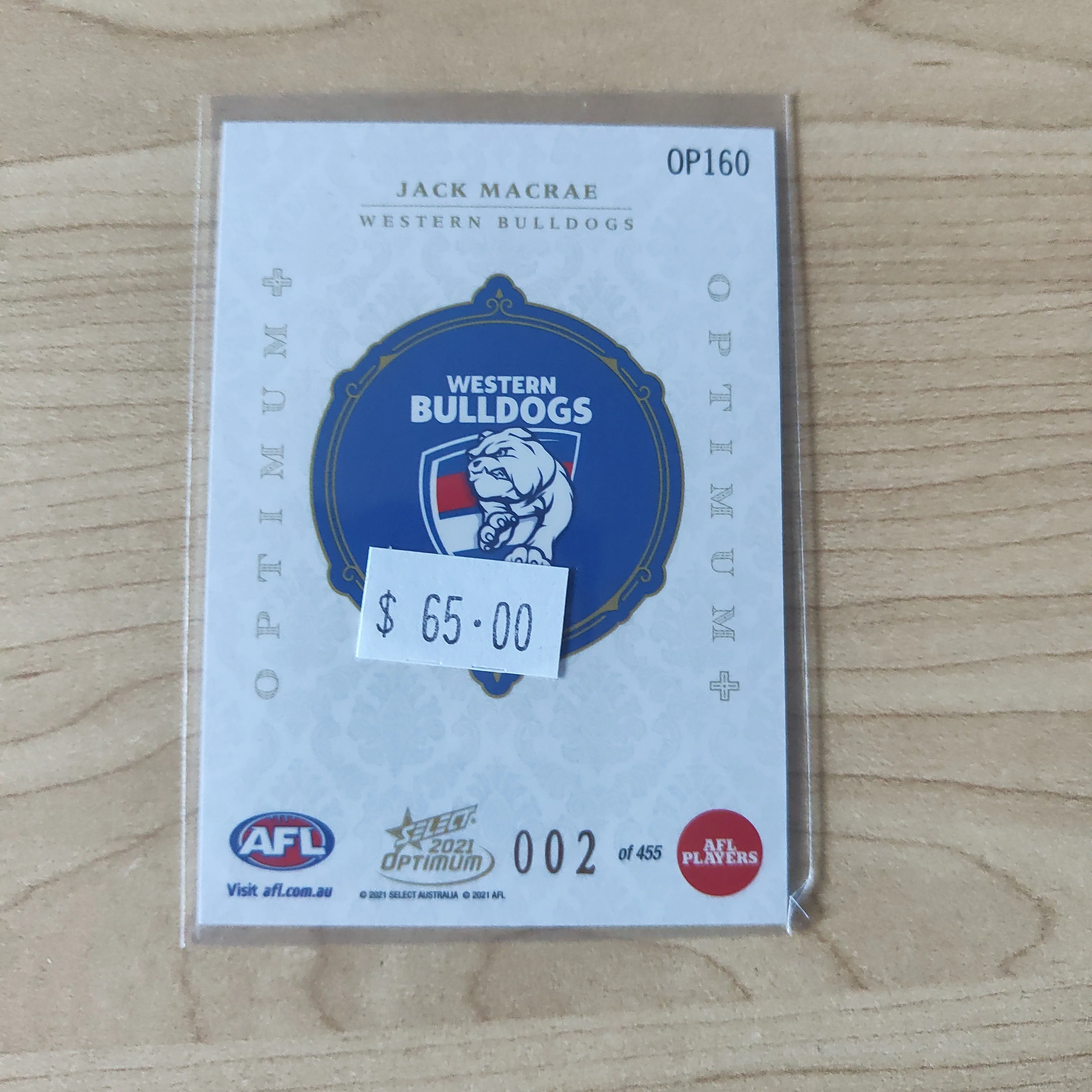 2021 AFL Optimum Plus Jack Macrae Western Bulldogs LOW NUMBER No.002/455 - Image 2