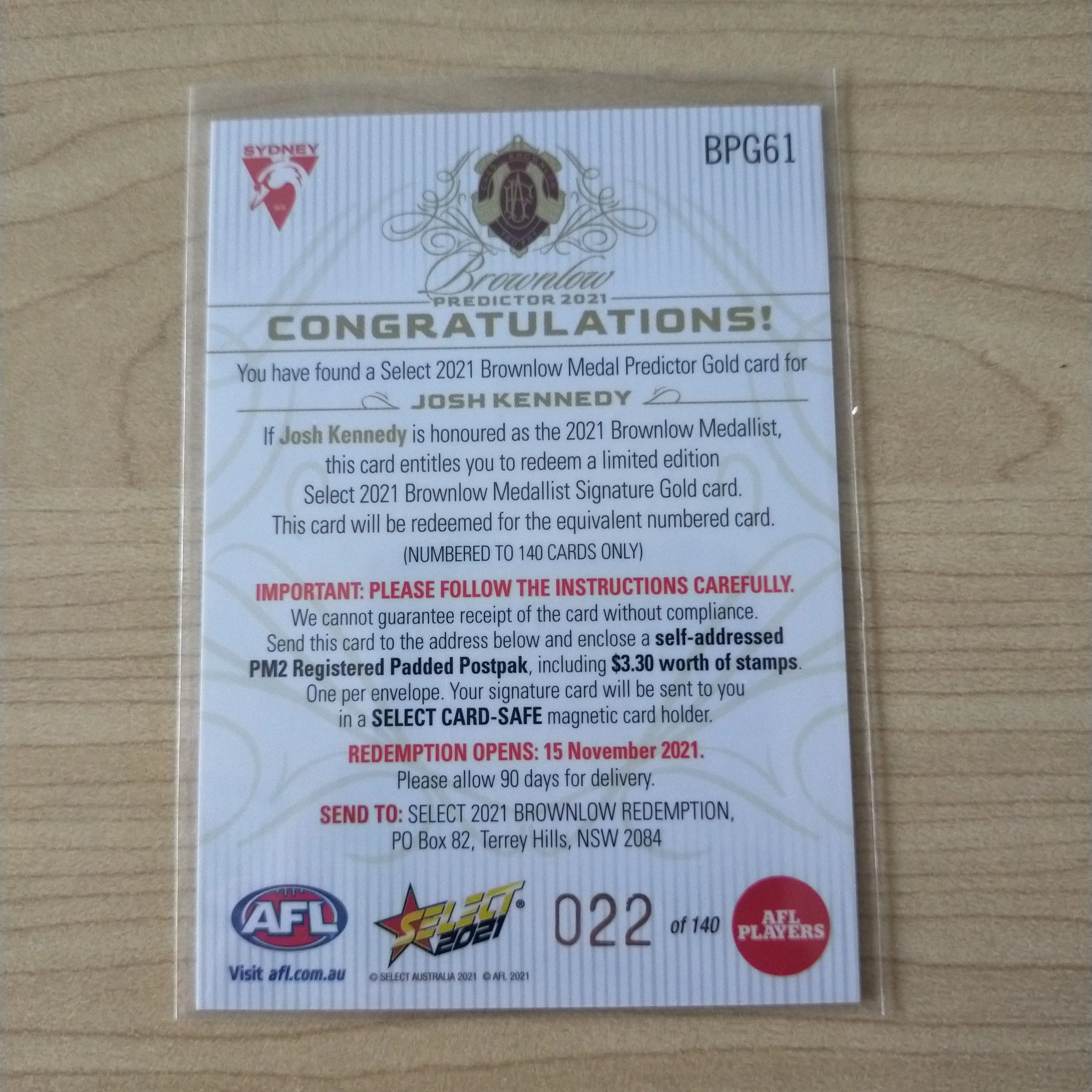 2021 AFL Select Footy Stars Gold Brownlow Predictor Josh Kennedy Sydney 022/140 - Image 2