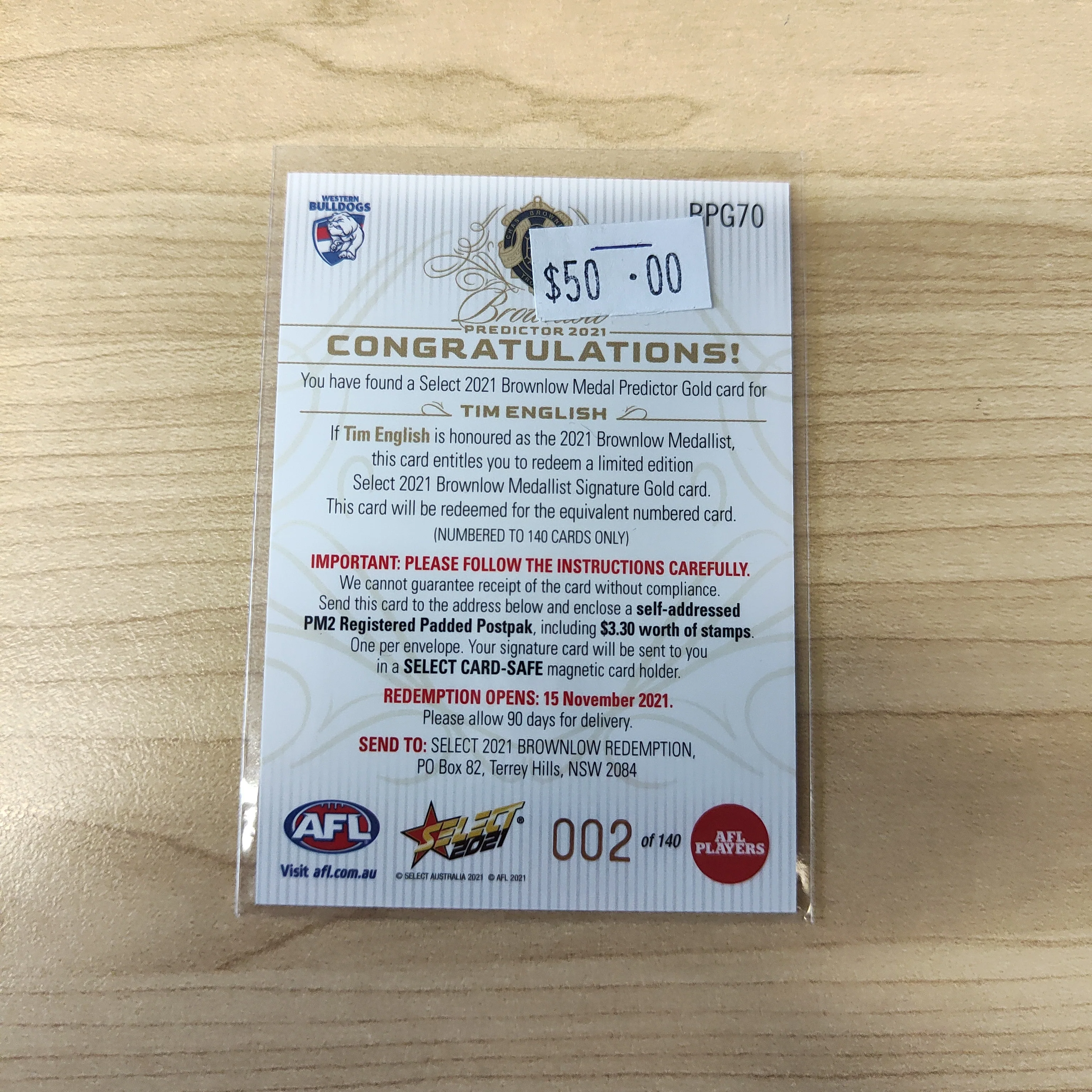 2021 AFL Select Footy Stars Gold Brownlow Predictor Tim English Western Bulldogs LOW NUMBER No.002/140 - Image 2