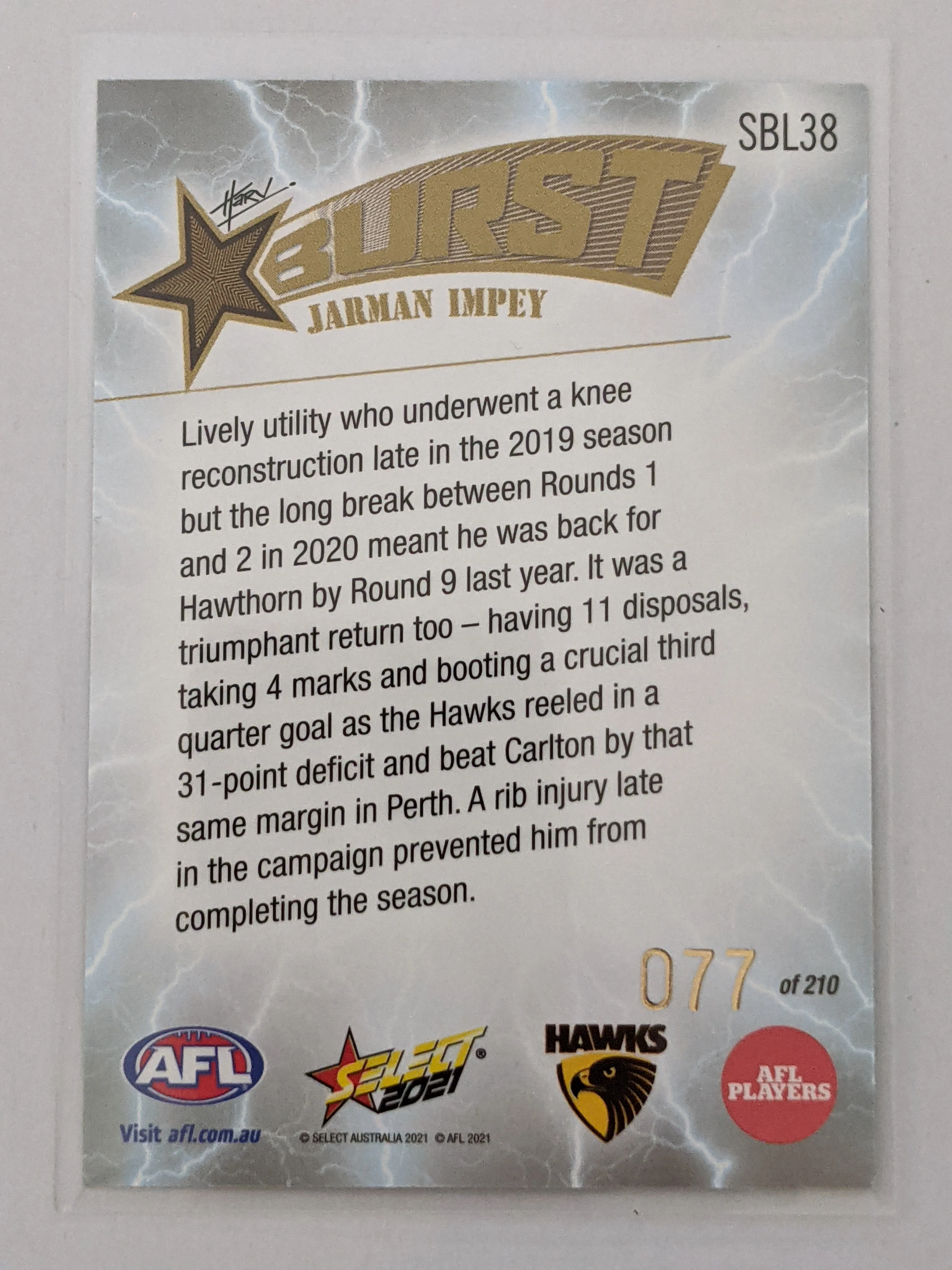 2021 AFL Select Footy Stars Lightning Burst SBL38 Jarman Impey Hawthorn - Image 2