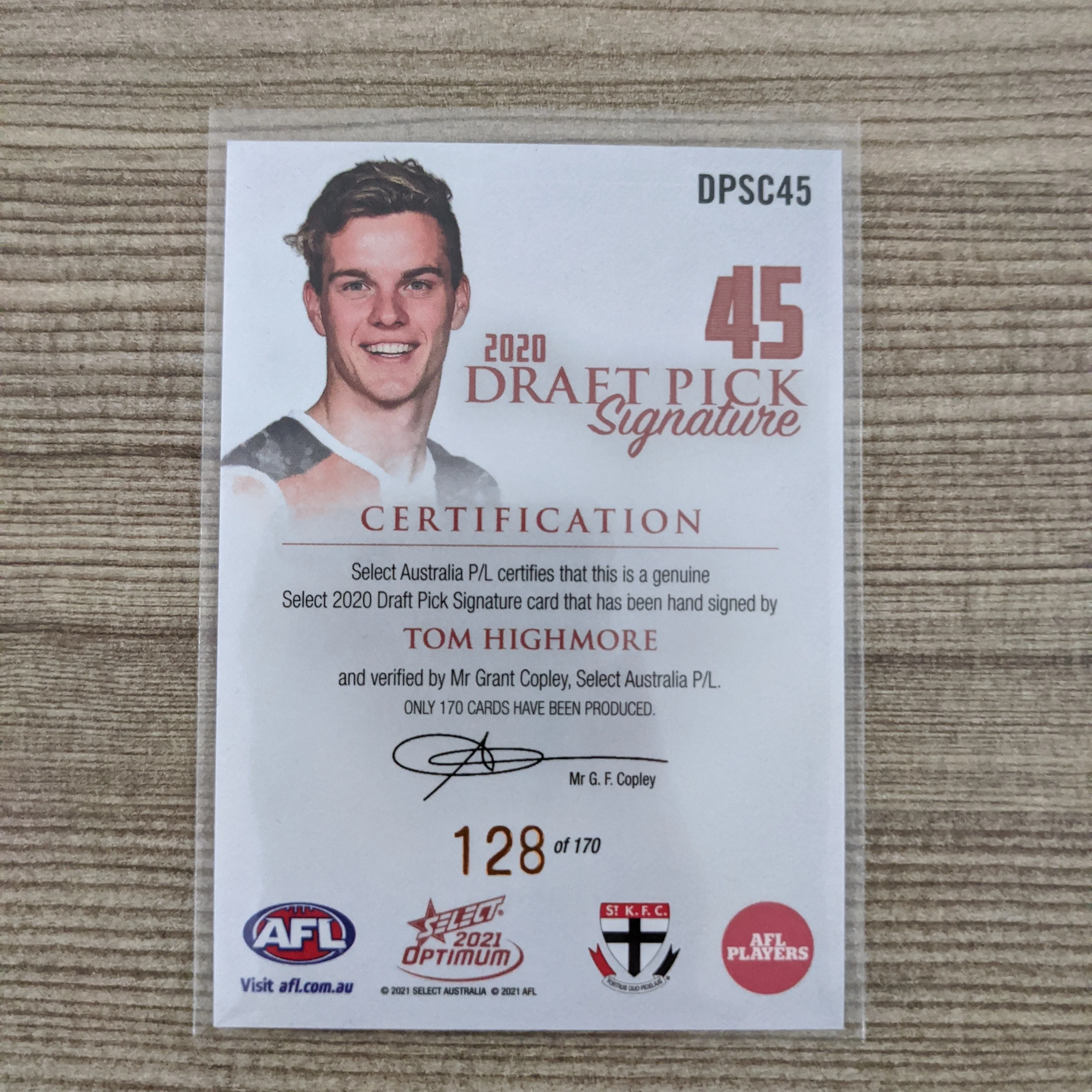 2021 AFL Select Optimum Copper Draft Pick Signature Tom Highmore St Kilda - Image 2