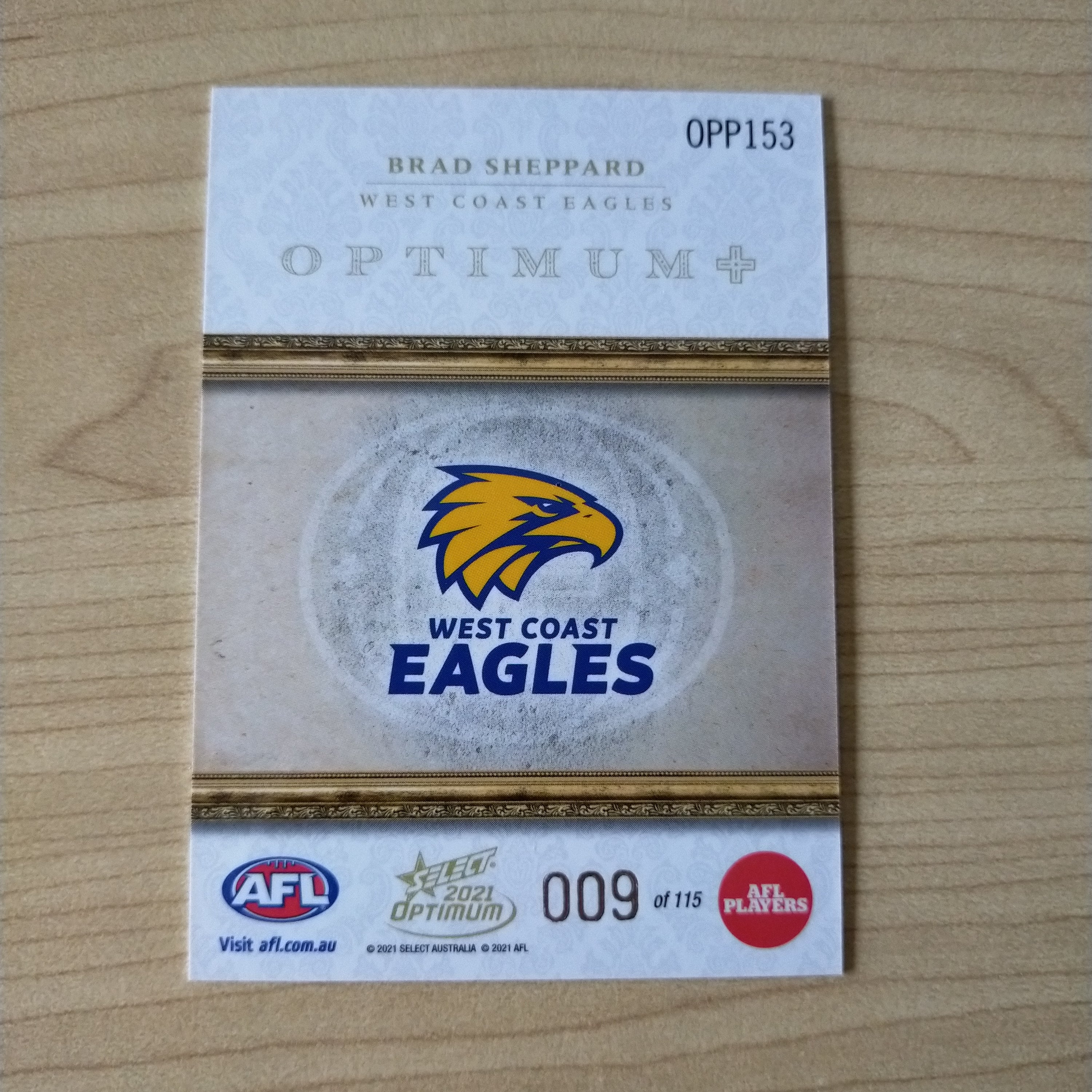 2021 AFL Select Optimum Plus Parallel Brad Sheppard West Coast No.009/115 - Image 2
