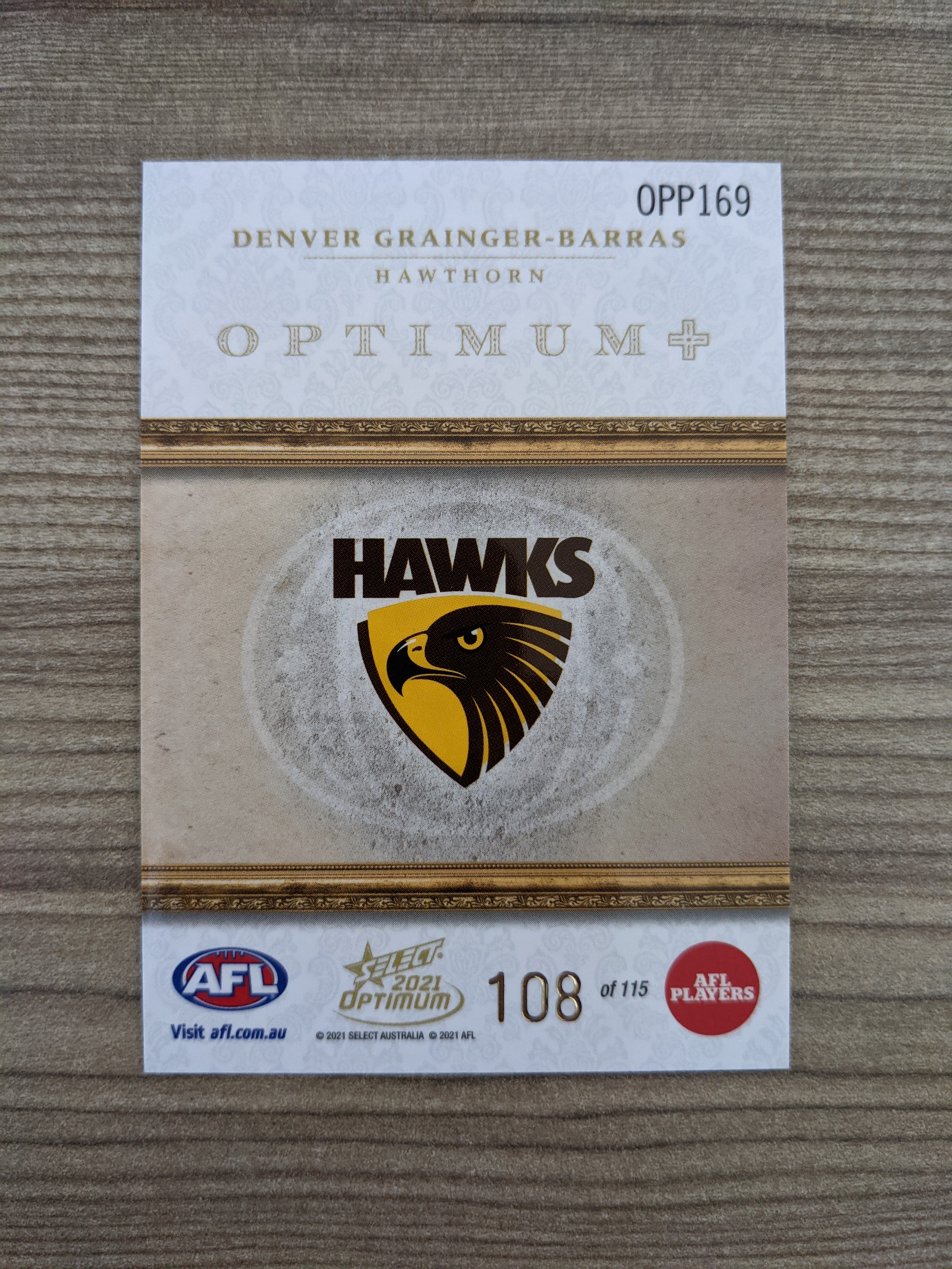 2021 AFL Select Optimum Plus Parallel Denver Grainger-Barras Hawks RC 108/115 - Image 2