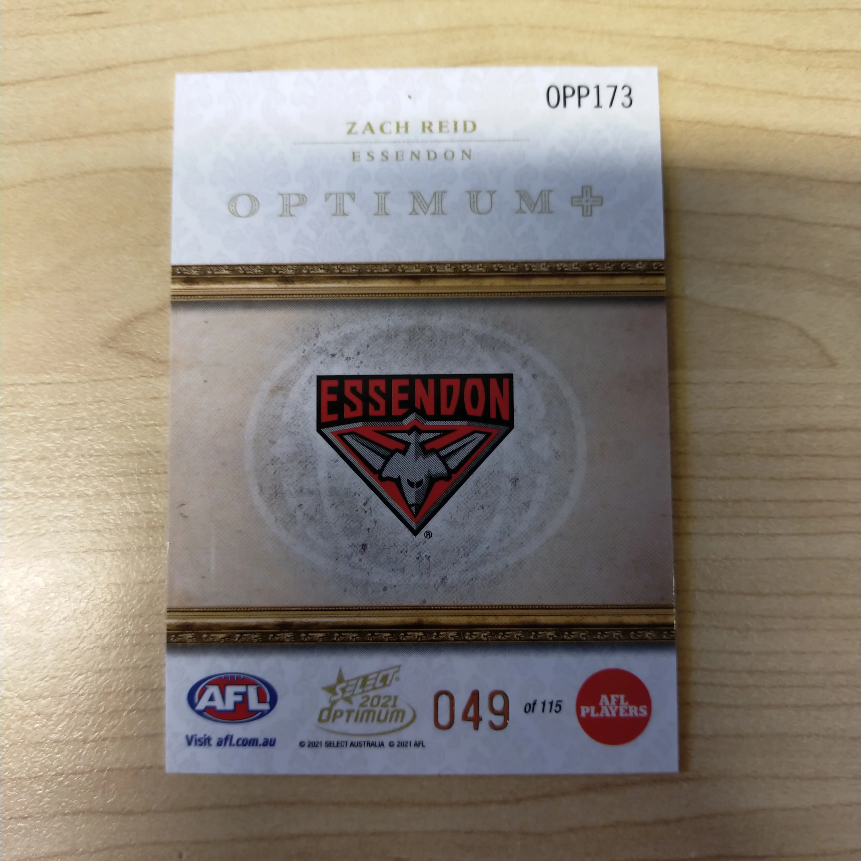 2021 AFL Select Optimum Plus Parallel Rookie Card Zach Reid Essendon No.049/115 - Image 2