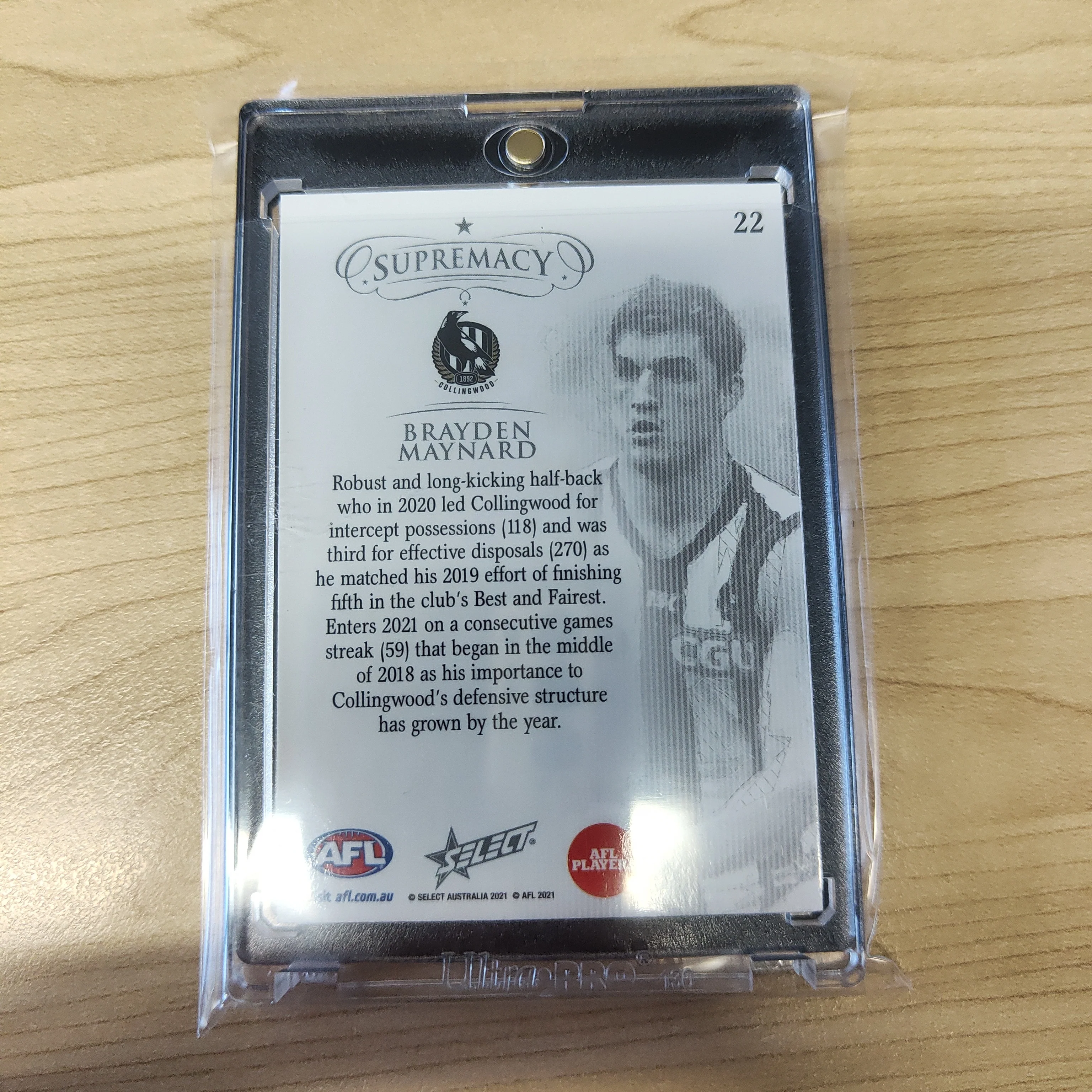 2021 AFL Select Supremacy Gold Base Card Brayden Maynard Collingwood 45/90 - Image 2