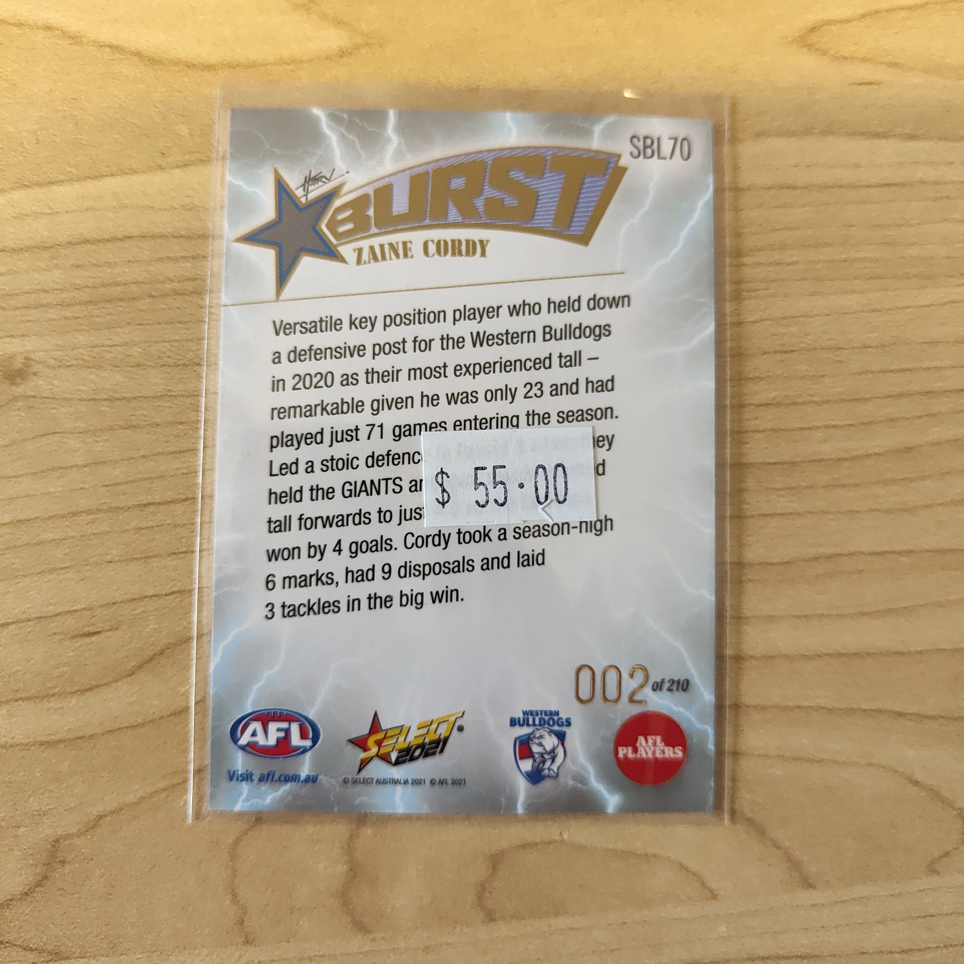 2021 Select Footy Stars Lightning Star Burst Zaine Cordy Western Bulldogs LOW NUMBER 002/210 - Image 2
