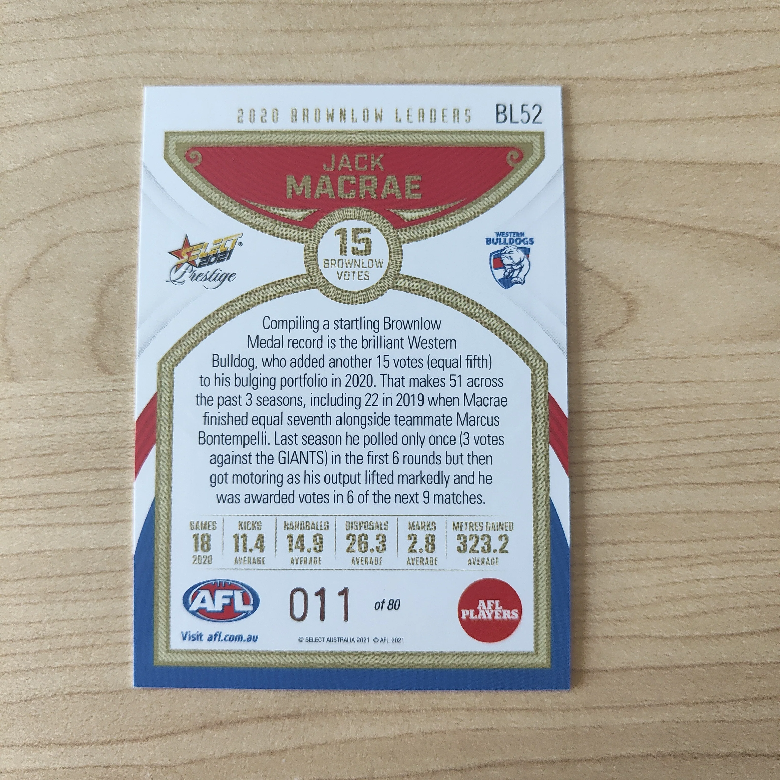 2021 Select Prestige Brownlow Leaders Jack Macrae Western Bulldogs JUMPER NUMBER No.011/80 - Image 2