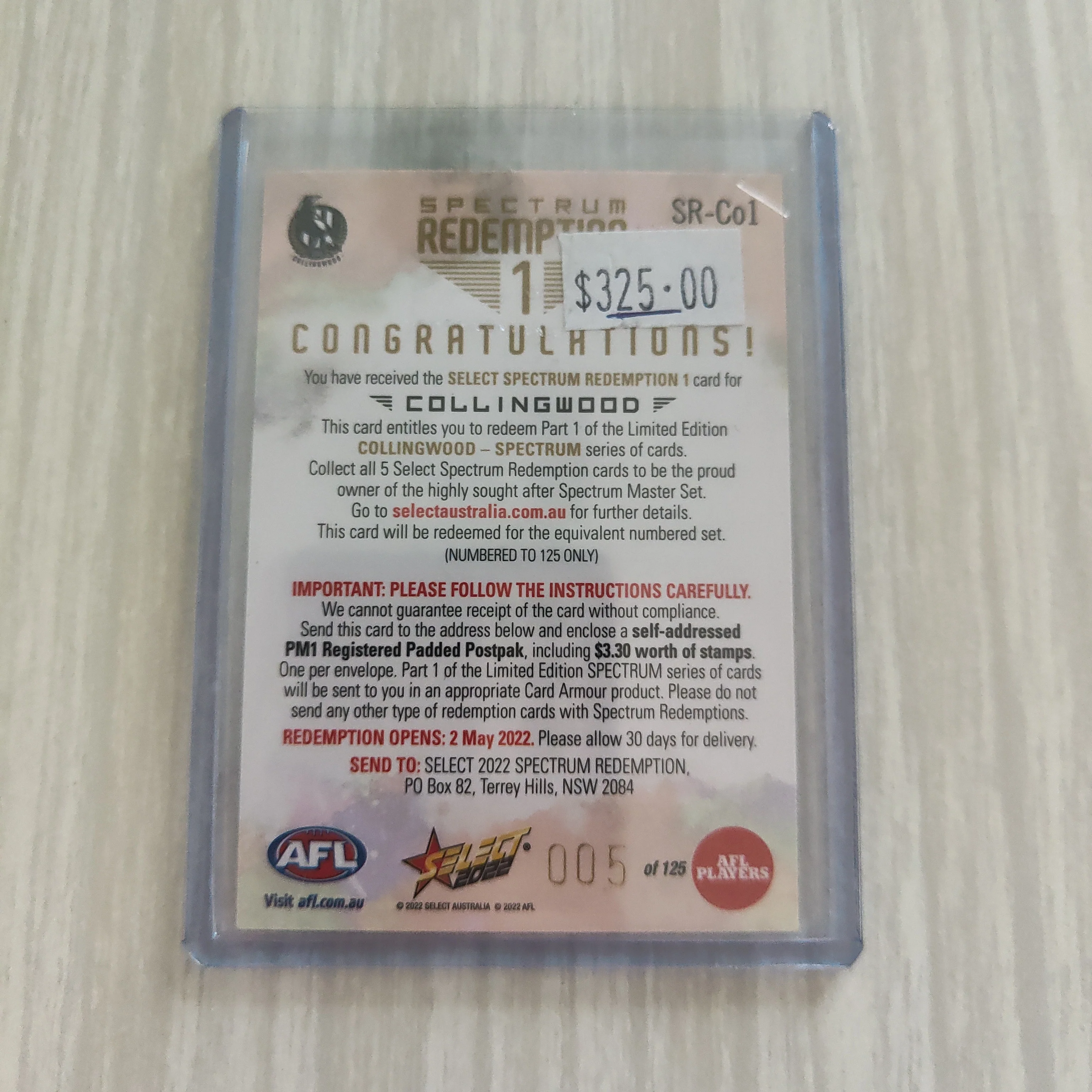 2022 AFL Footy Stars Spectrum Redemption 1 Card Collingwood LOW NUMBER 005/125 - Image 2