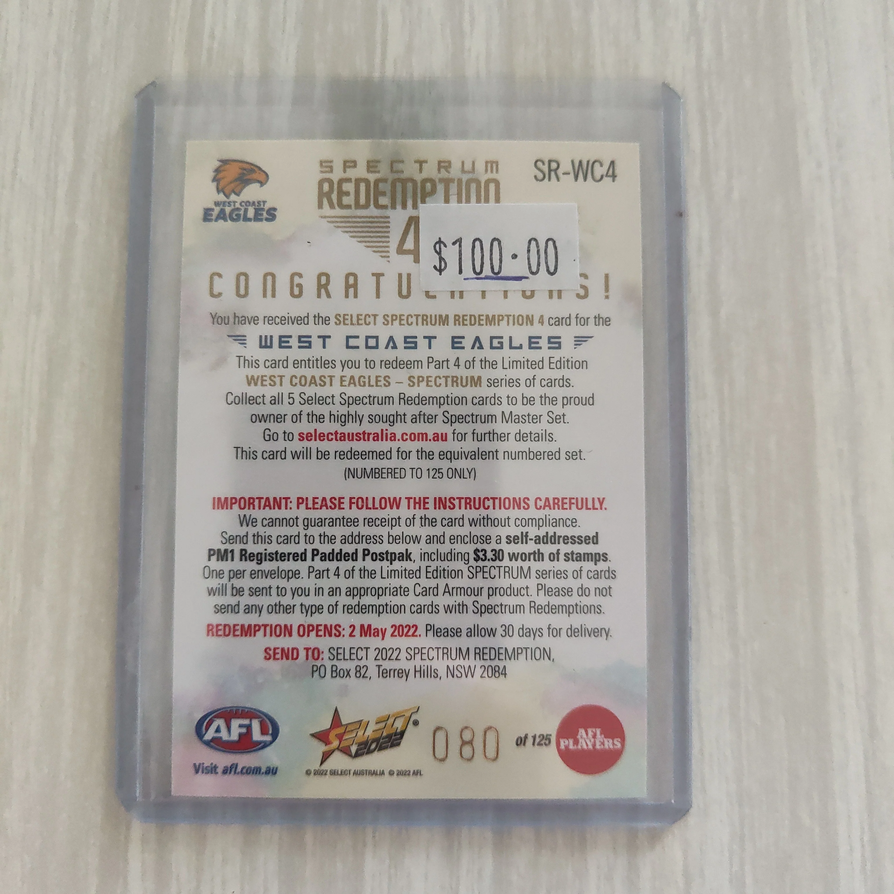 2022 AFL Footy Stars Spectrum Redemption 4 Card West Coast 080/125 - Image 2