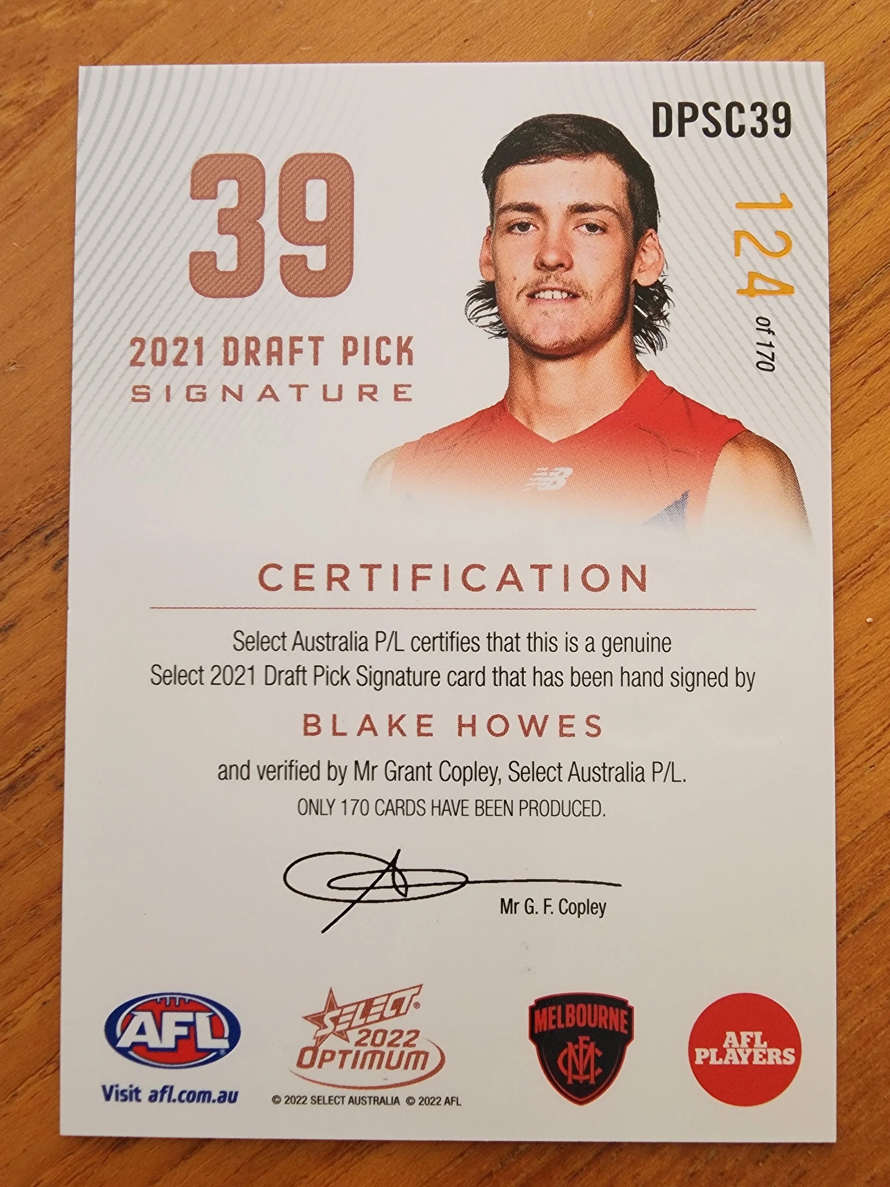 2022 AFL Select Optimum Draft Pick Signature Blake Howes Melbourne - Image 2