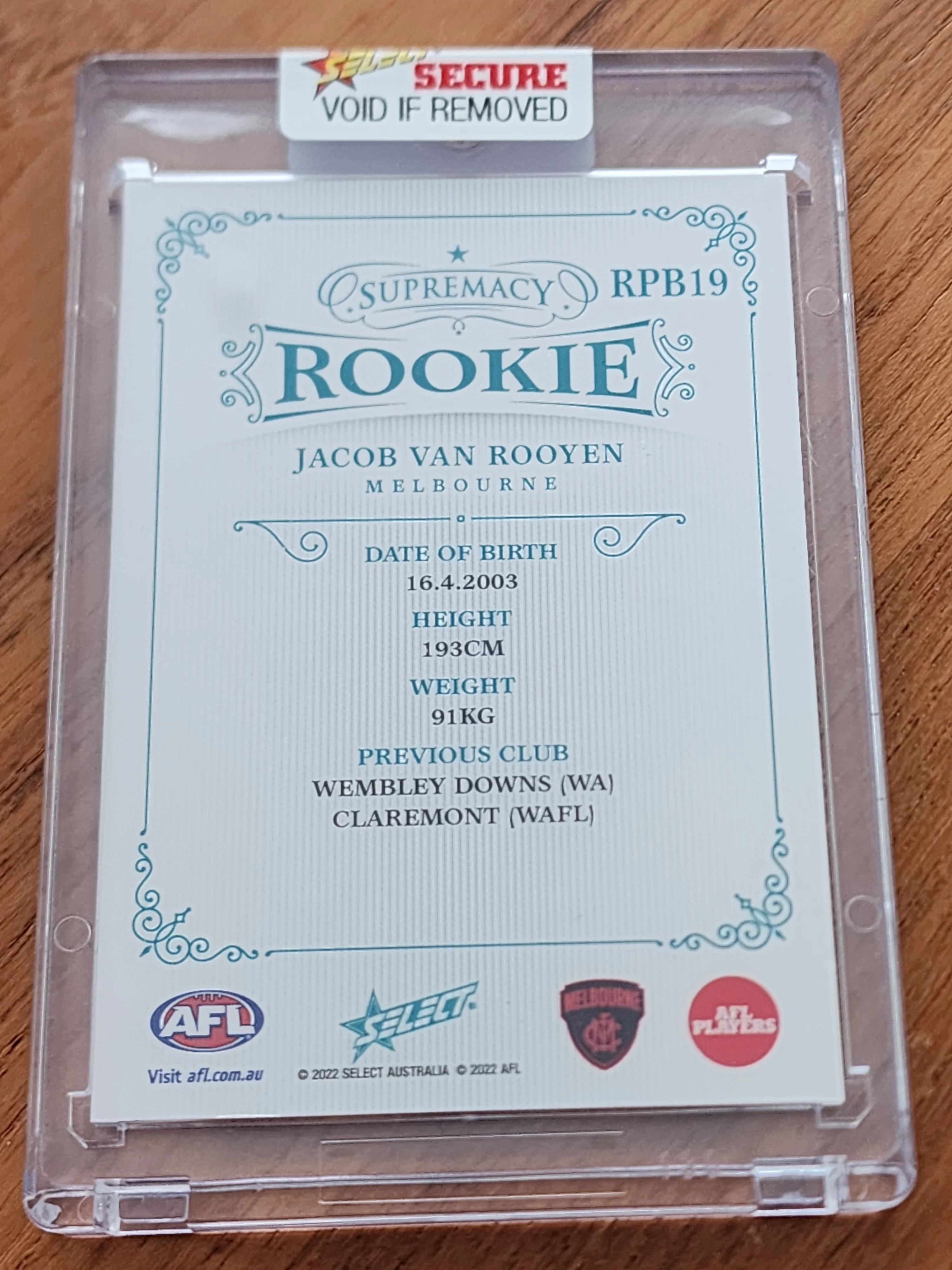 2022 AFL Select Supremacy Rookie Jacob Van Rooyen Melbourne 74/75 - Image 2