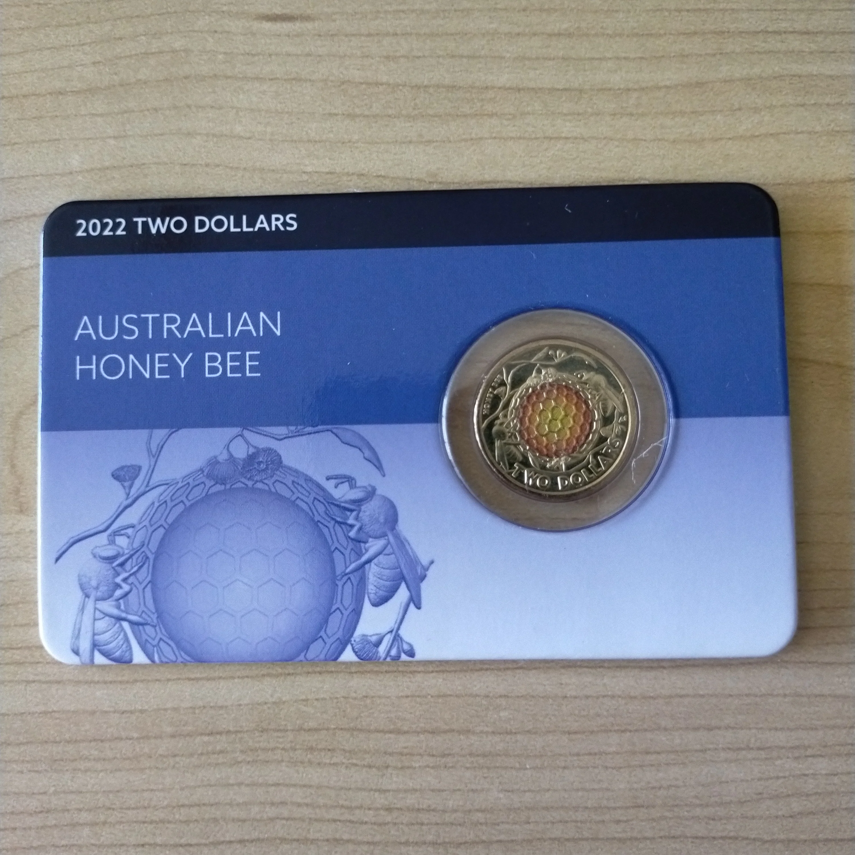 Australia 2022 Coloured $2 Honey Bee Downies Carded Uncirculated Coin
