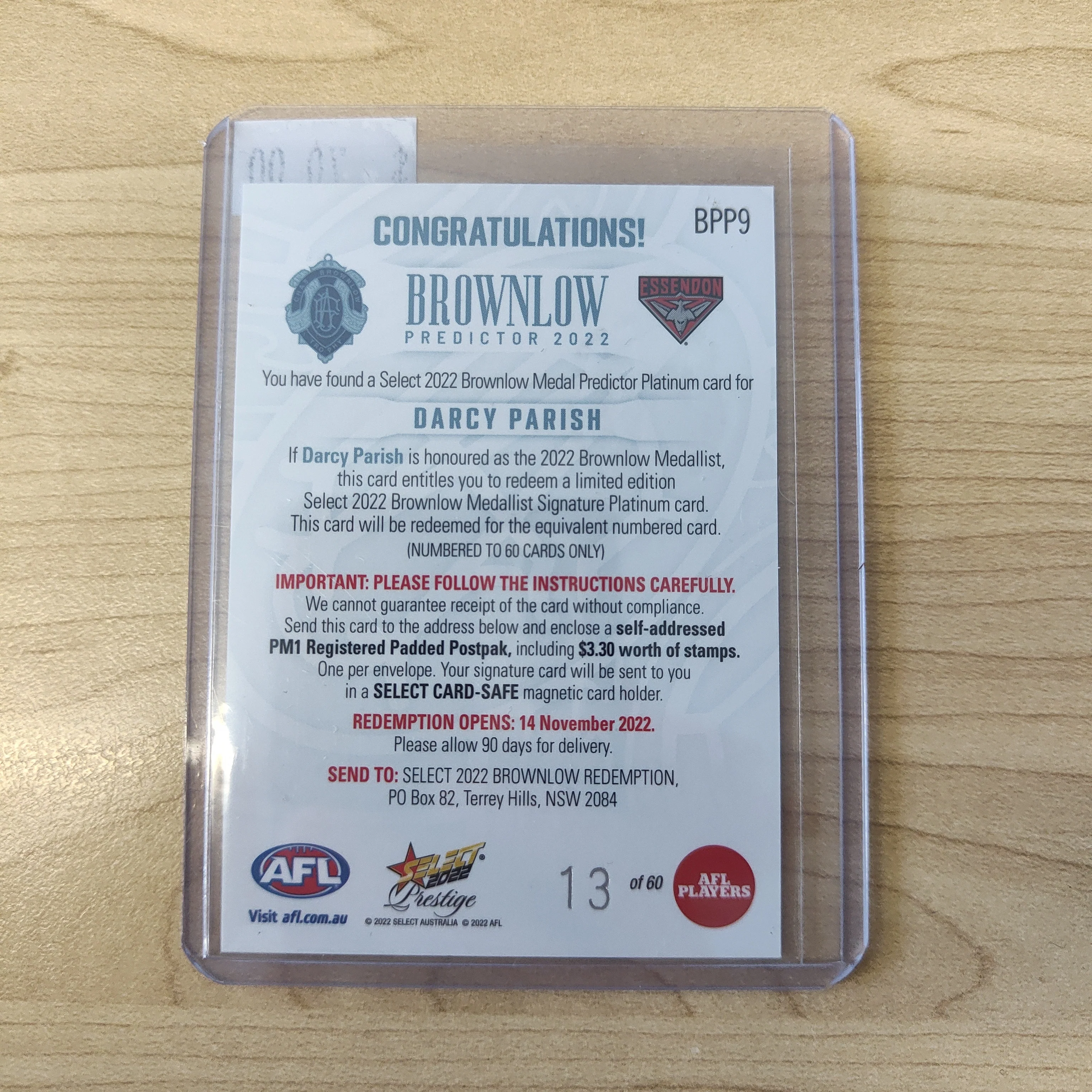 2022 Select Prestige Platinum Brownlow Predictor Darcy Parish Essendon 13/60 - Image 2