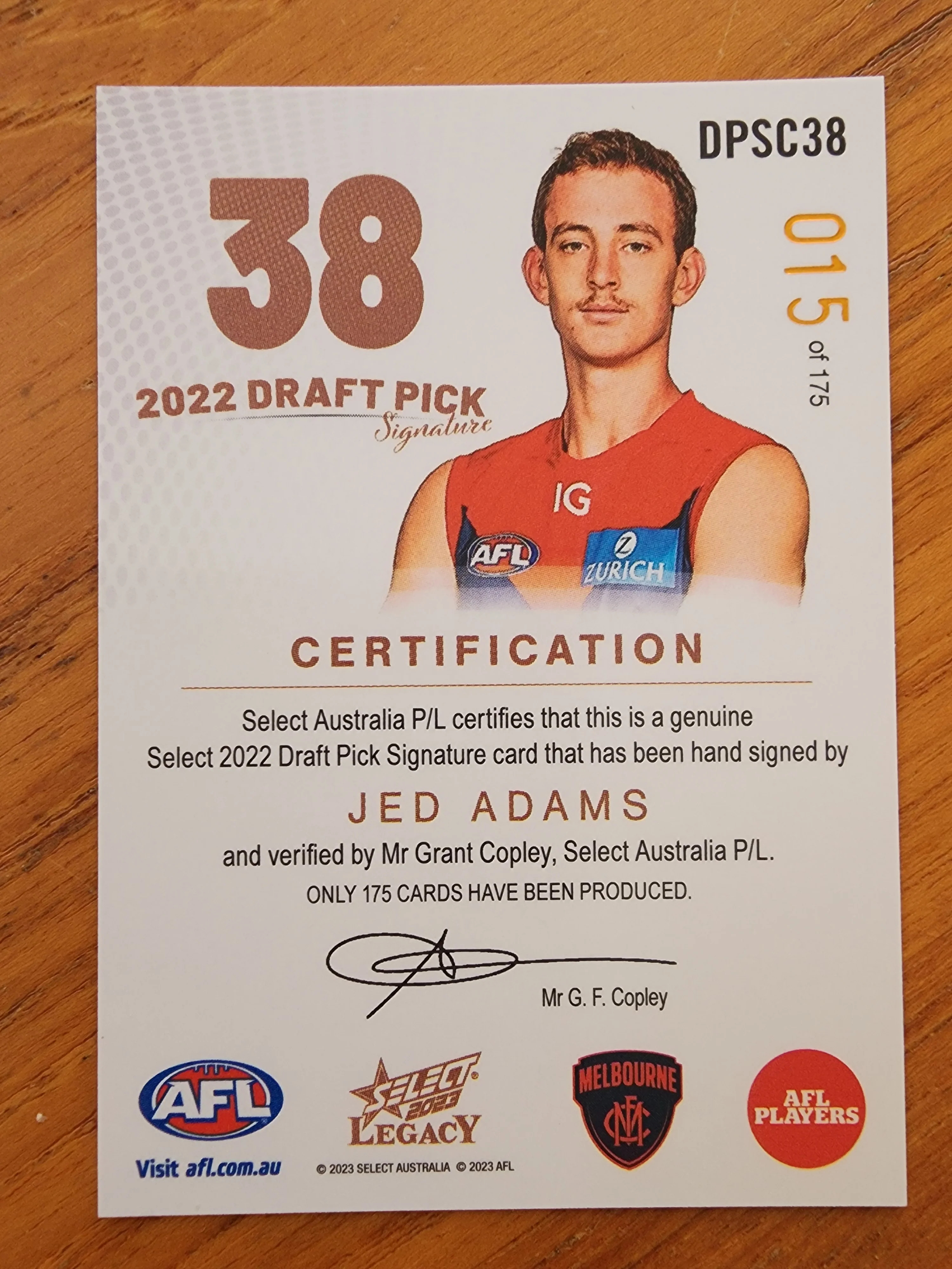 2023 AFL Select Legacy 2022 Draft Pick Signature Jed Adams Melbourne DPSC38 - Image 2