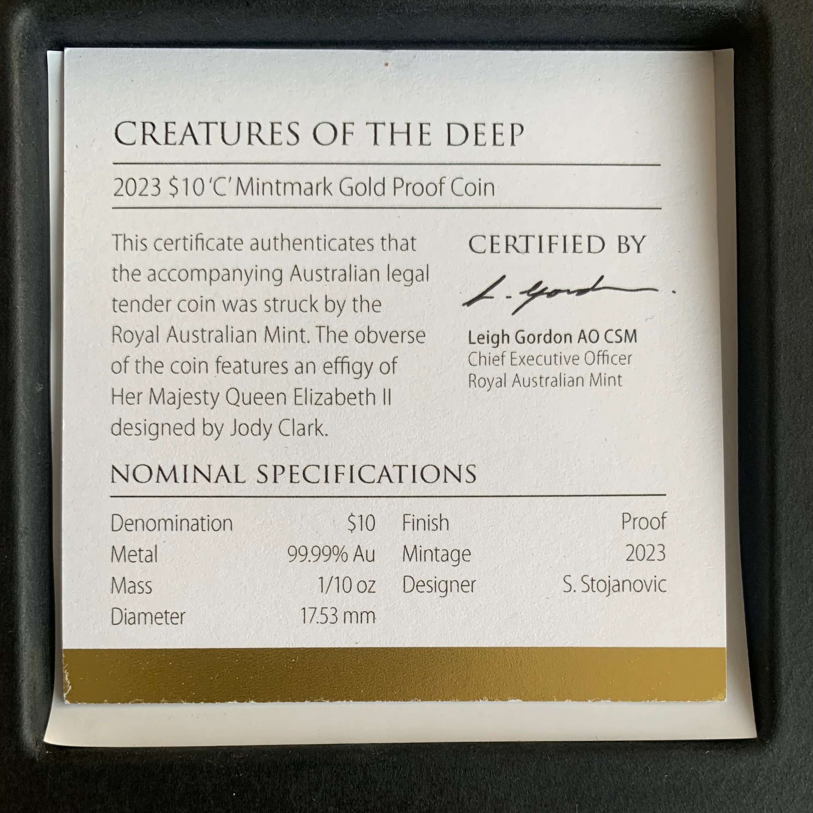 Australia 2023 Royal Australian Mint $10 C Mintmark 1/10oz Gold Proof Coin - Creatures of The Deep - Image 3