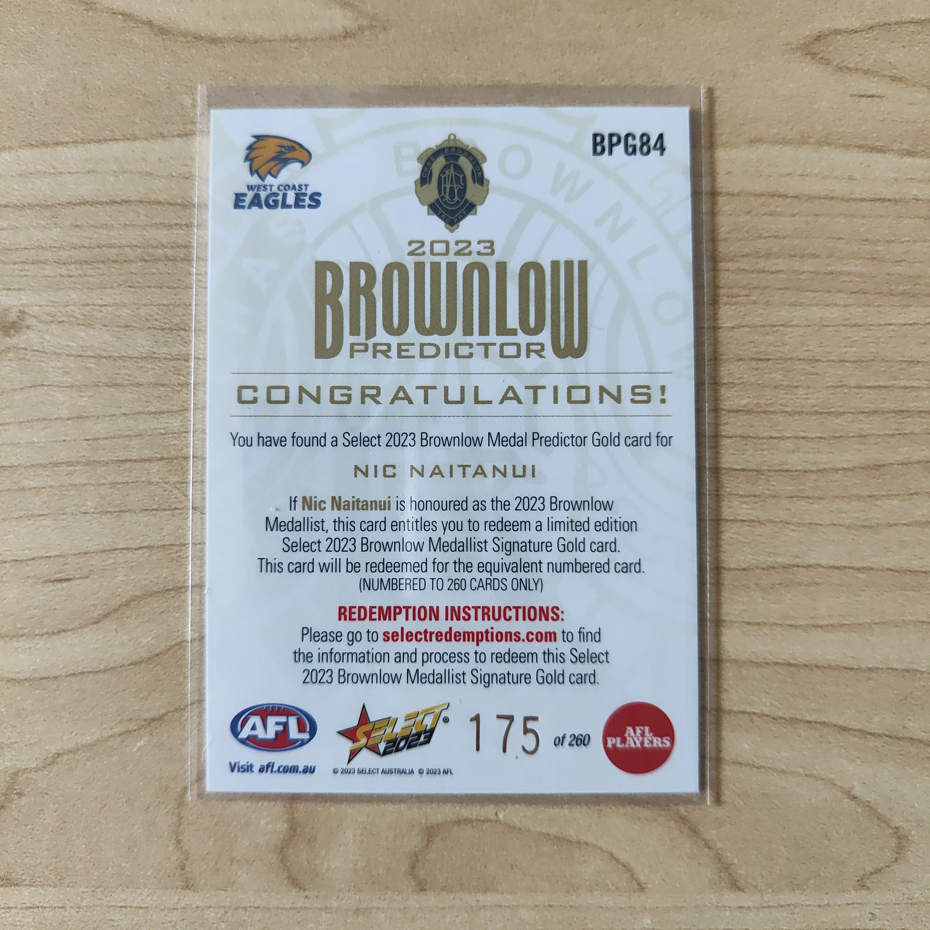 2023 Select Footy Stars Gold Brownlow Predictor Nic Naitanui West Coast 175/260 - Image 2