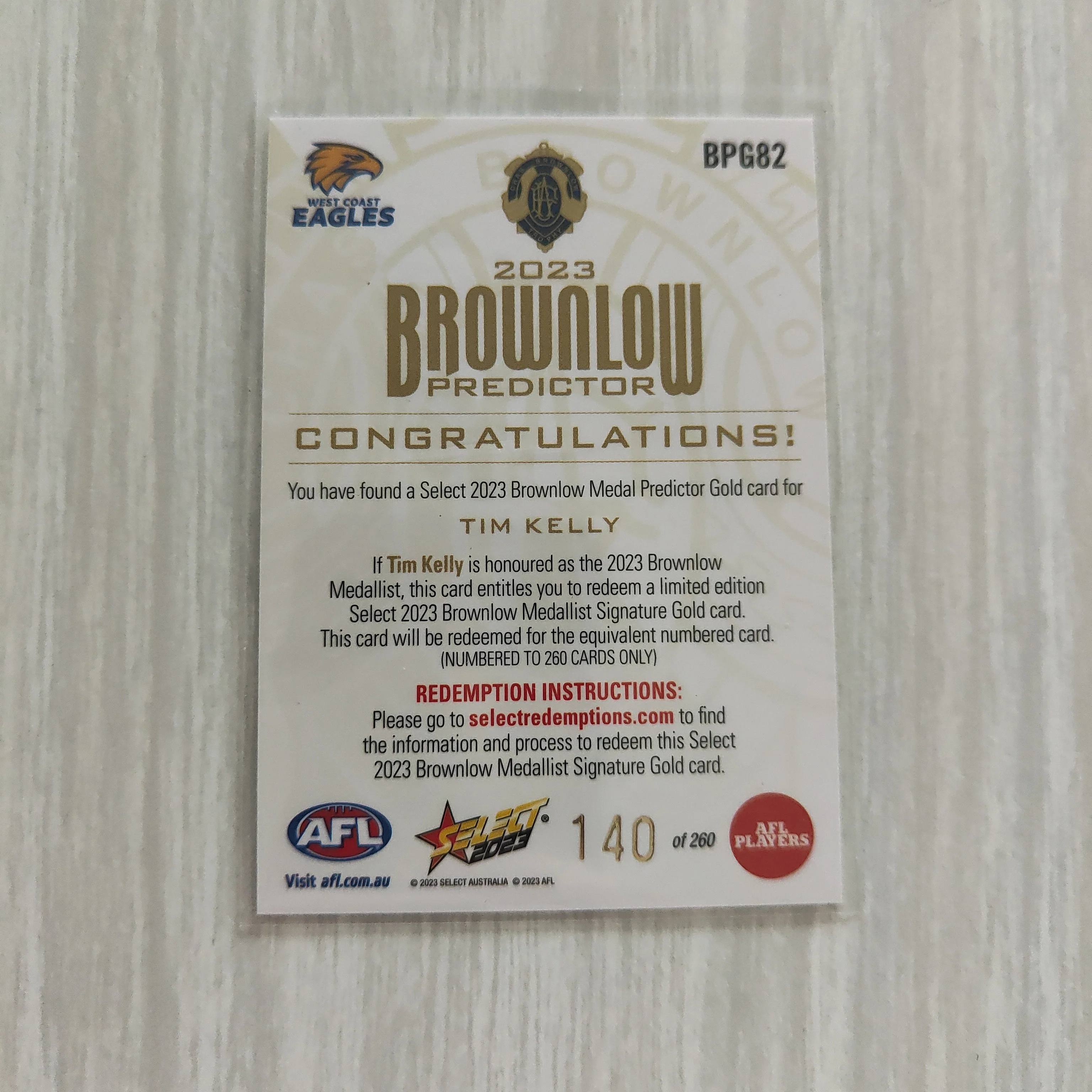2023 Select Footy Stars Gold Brownlow Predictor Tim Kelly West Coast 140/260 - Image 2