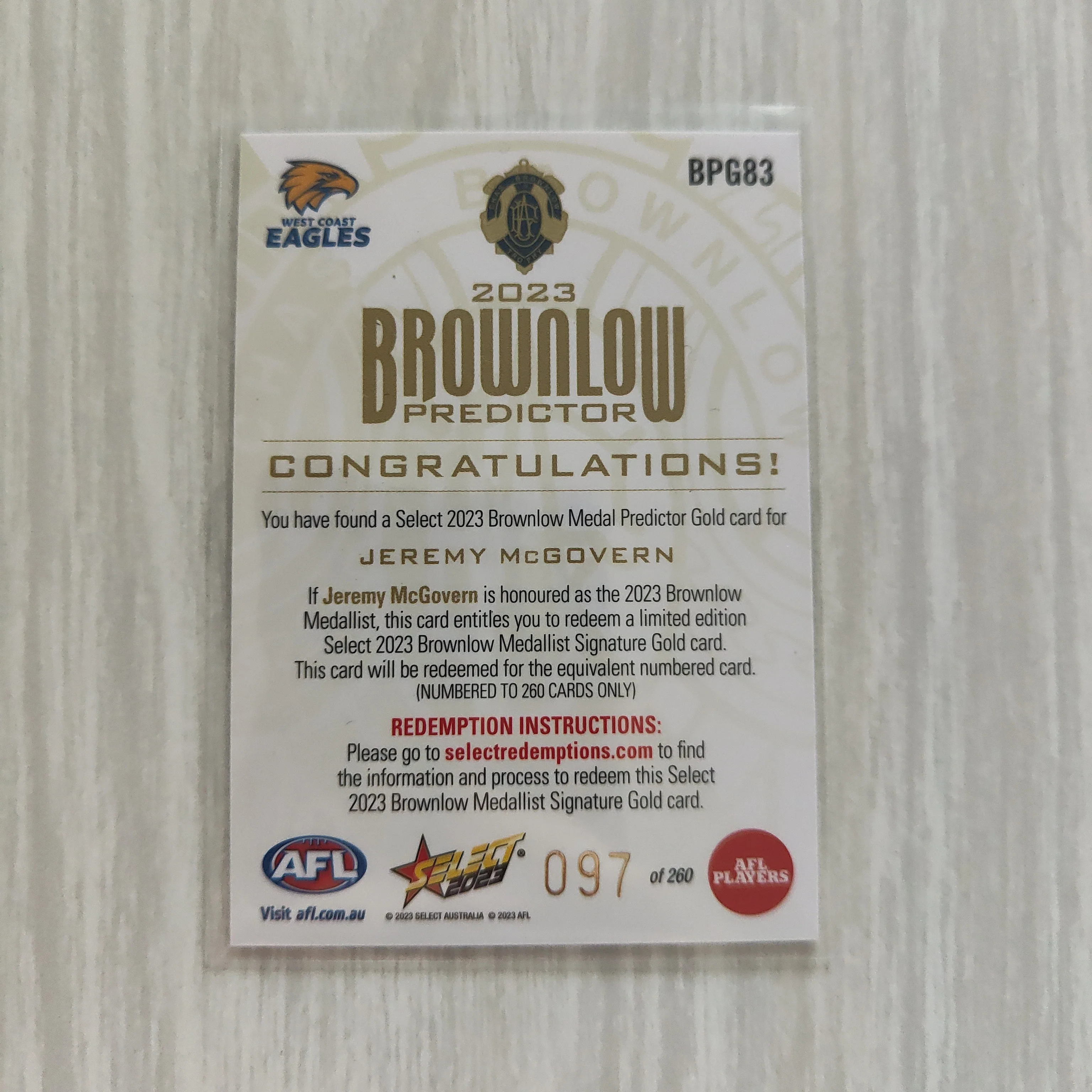 2023 Select Footy Stars Gold Brownlow Predictor Jeremy McGovern West Coast 097/260 - Image 2