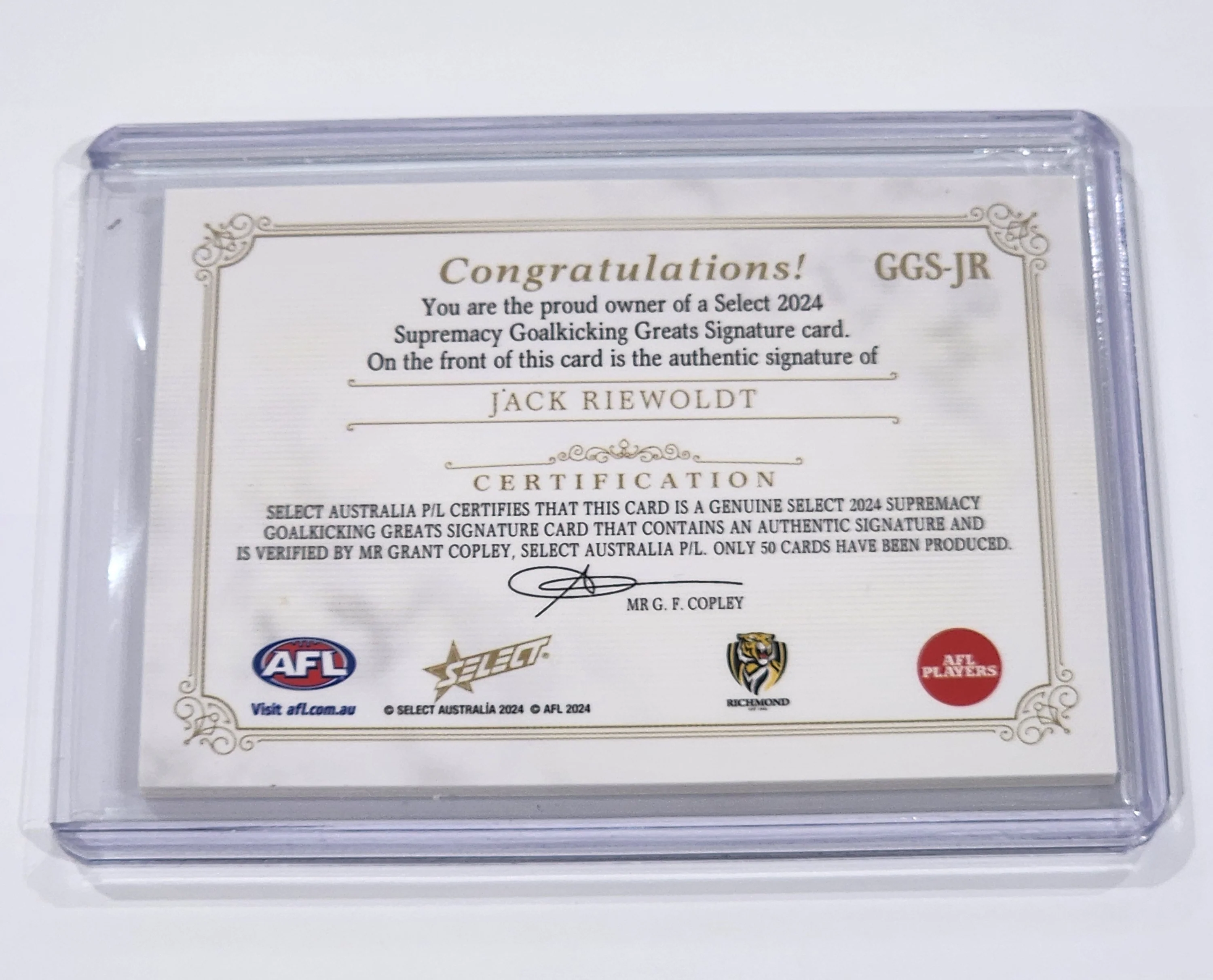 2024 AFL Select Supremacy Goalkicking Greats Jack Riewoldt Richmond Signature card 44/50 - Image 2