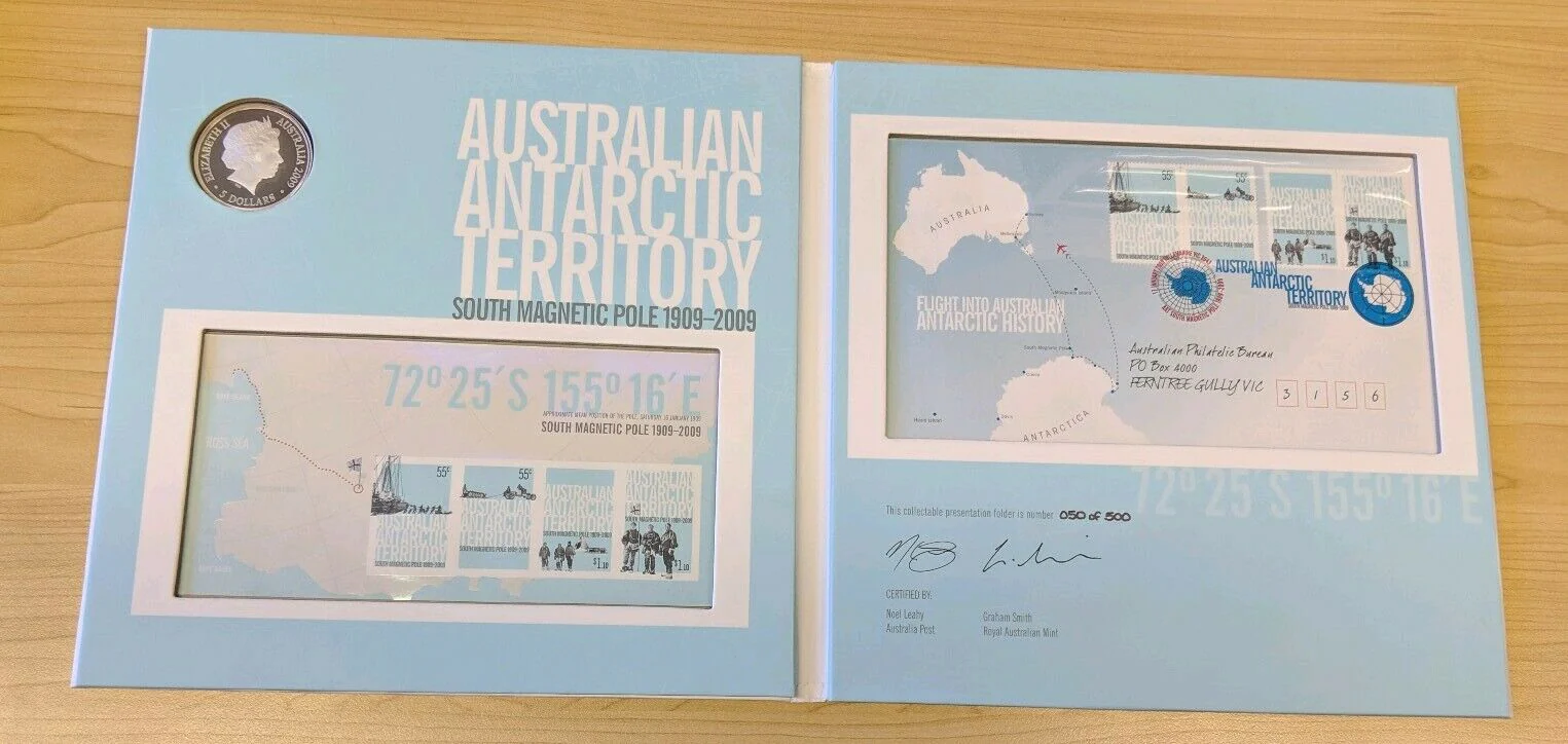 Australia AAT Antarctic 2009 Perth Mint $5 South Magnetic Pole Silver coin, Minisheet & Cover only 500 made - Image 4