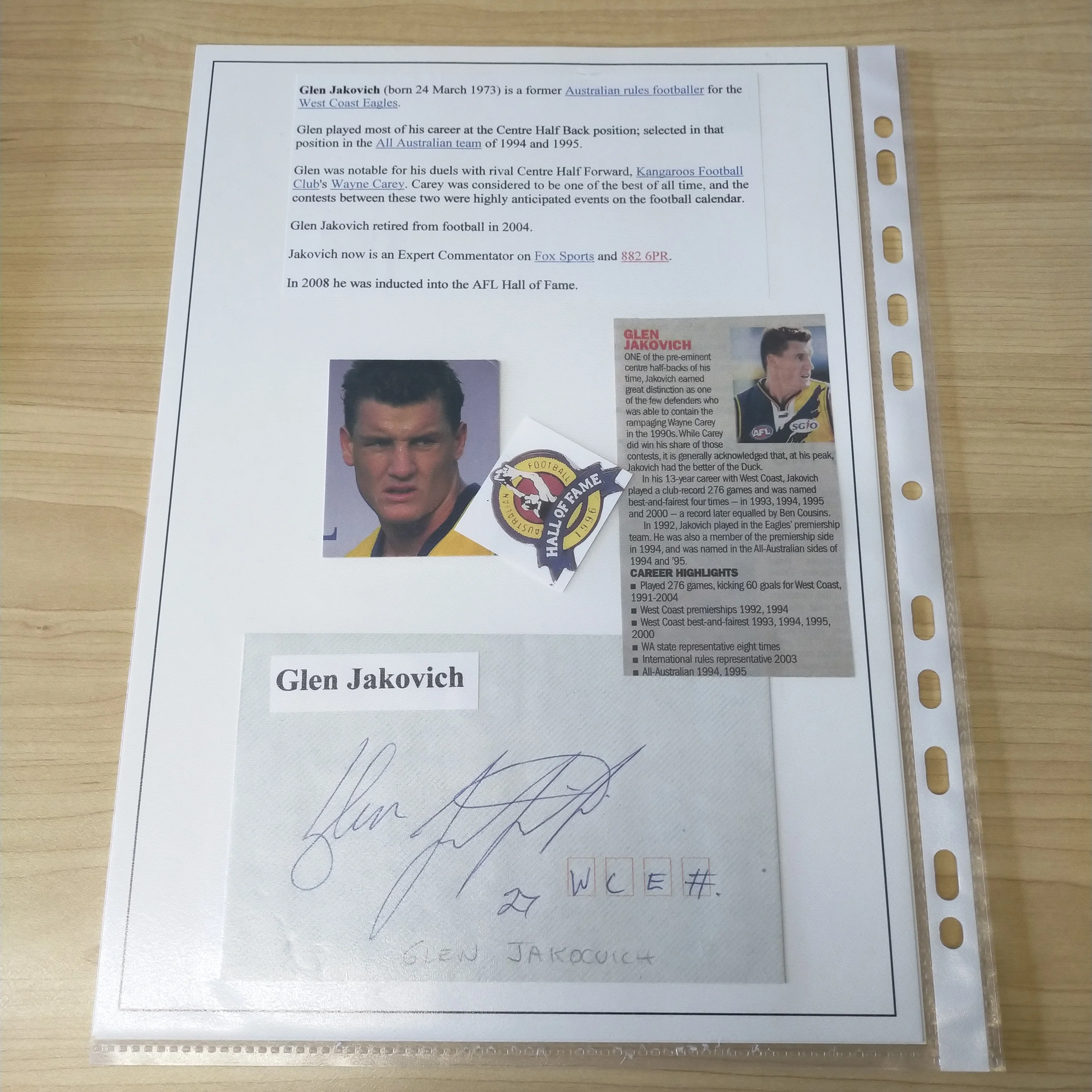 AFL VFL West Coast Player Signature Glen Jakovich - Image 2