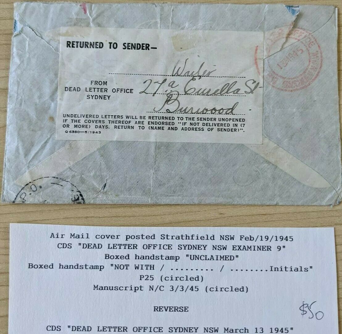 Australia 1945 Peace first day Air Mail Cover unclaimed at Dead Letter Office - Image 2