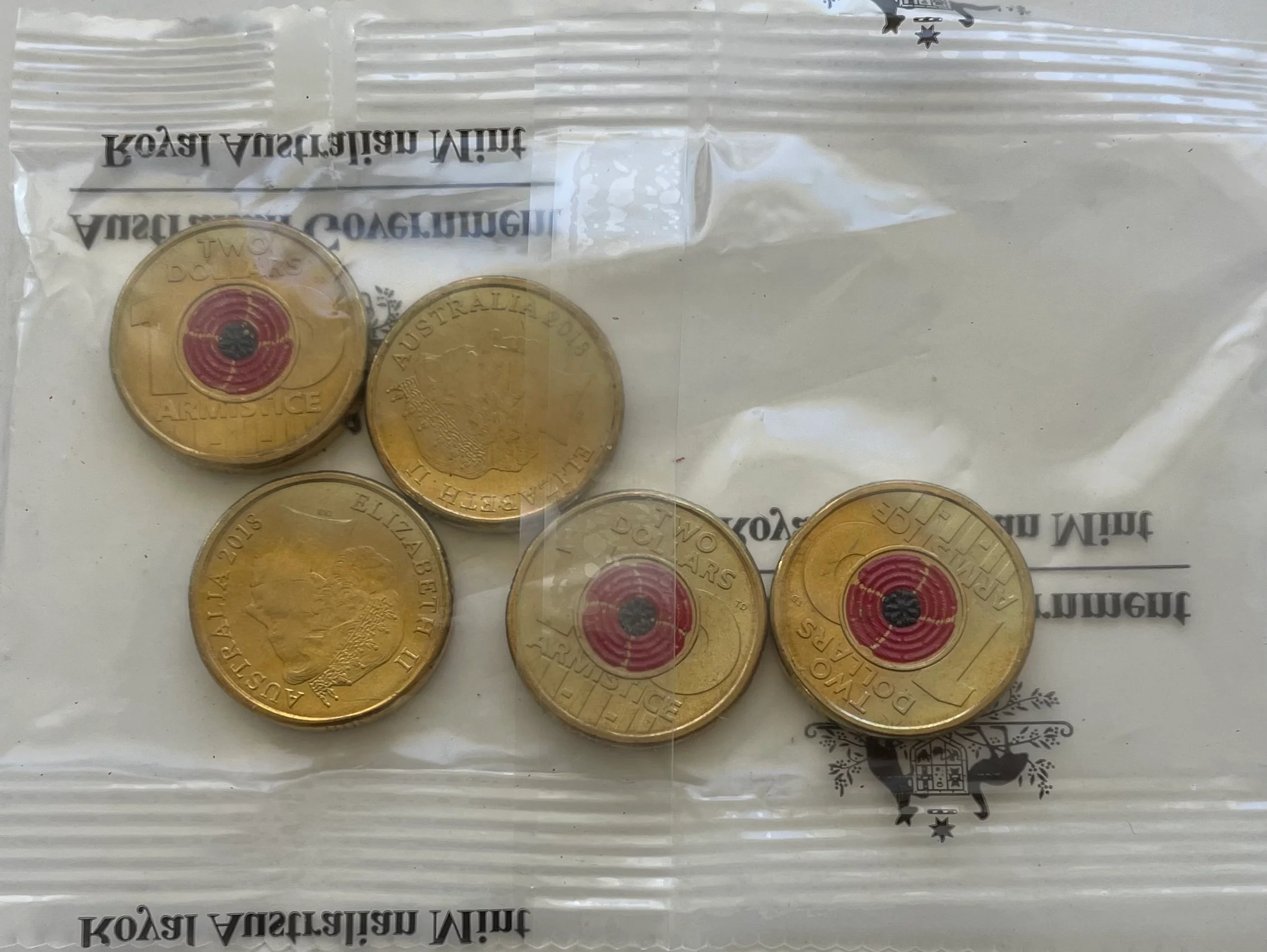 Australia 2018 Royal Australian Mint $2 Armistice Mint Bag of 5 Uncirculated Coins - Image 2
