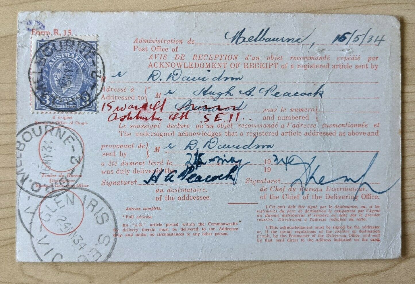 Australia Avis De Reception Postcard with 1½d KGV Stamp Melbourne - Glen iris