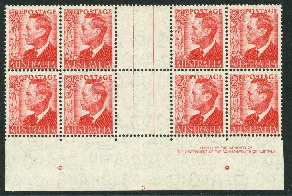 Australia BW 249za SG 234 2½d Red KGV1 Plate 2 Block of 8 MUH