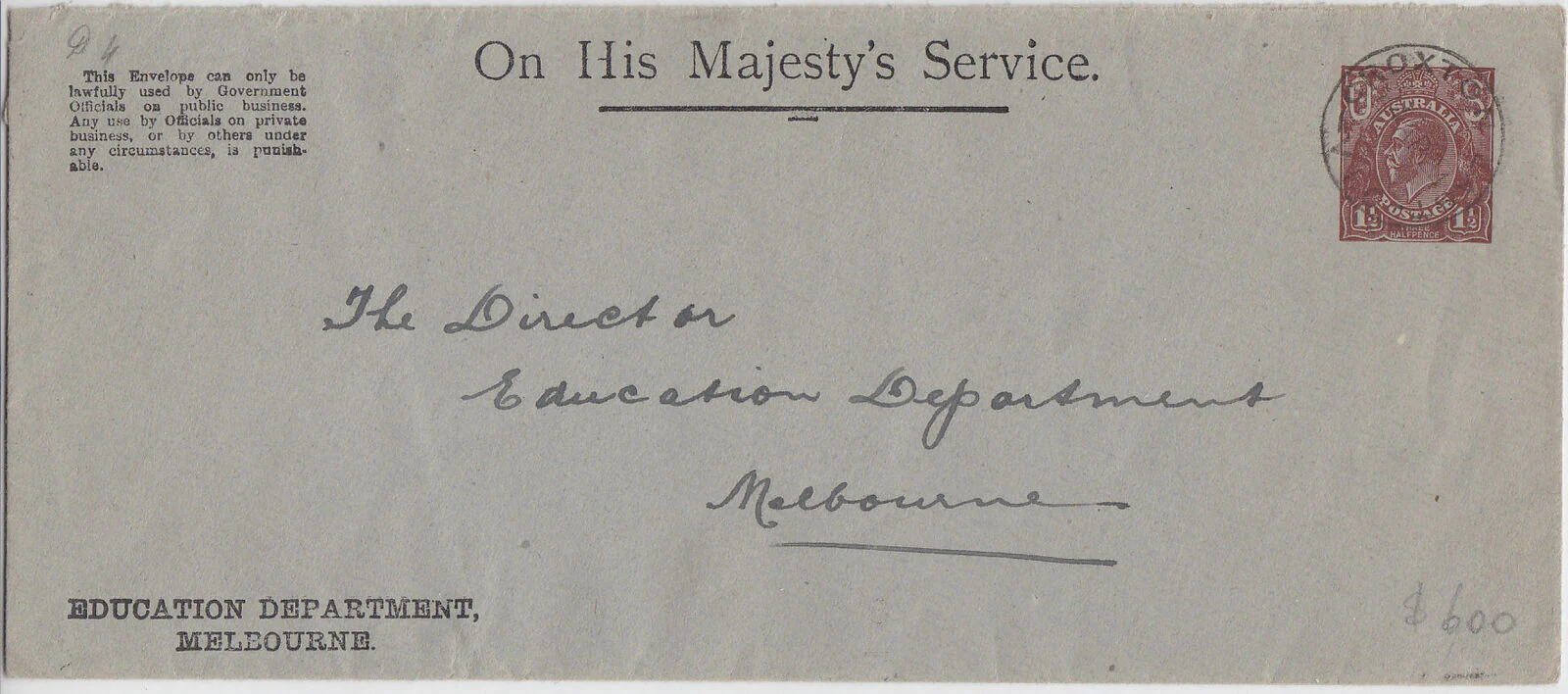 Australia Embossed Envelope PTPO 1½d KGV OS in die Education Department Victoria