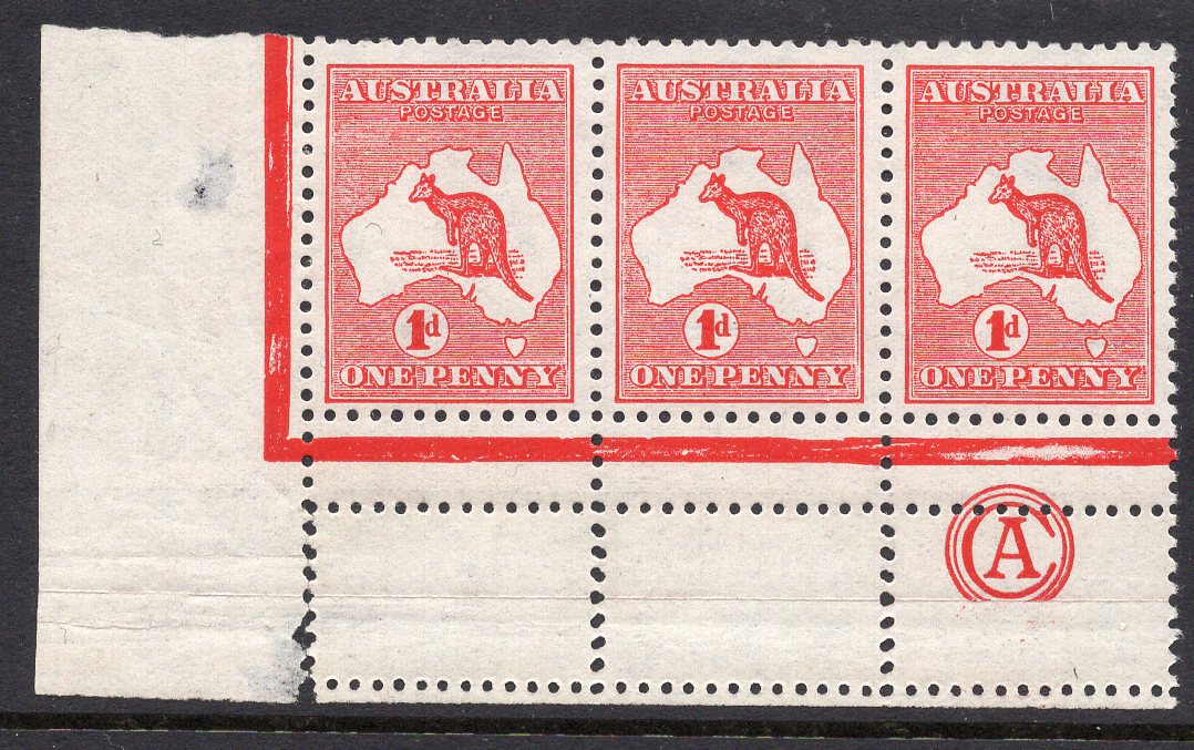 Australia Kangaroo SG 2 1d One Penny Red strip of 3 Stamps CA Monogram