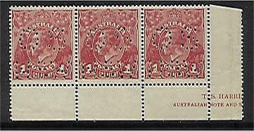 Australia KGV SG 054 ? 1d Red Die 1, perforated "OS NSW" in strip of 3 MLH