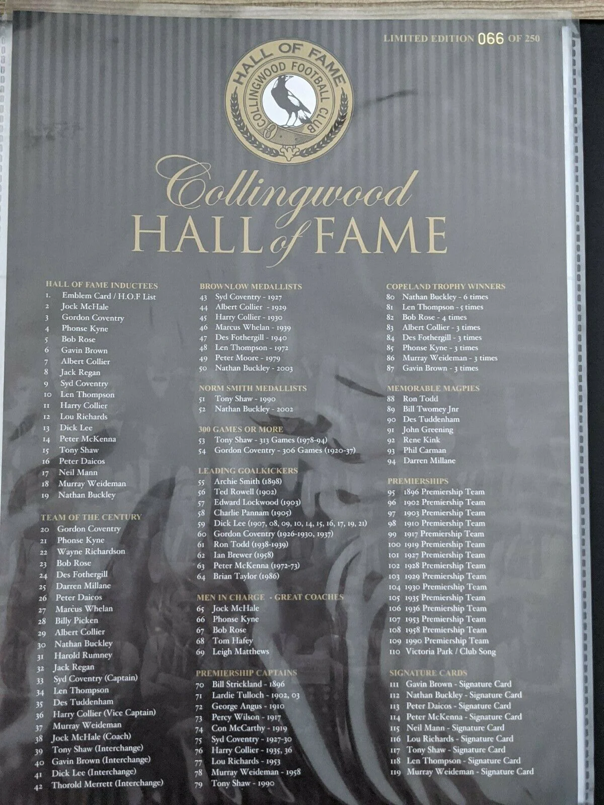 Collingwood AFL Hall Of Fame Card Collection (110)+ 9 Signatures Limited 66/250 - Image 2
