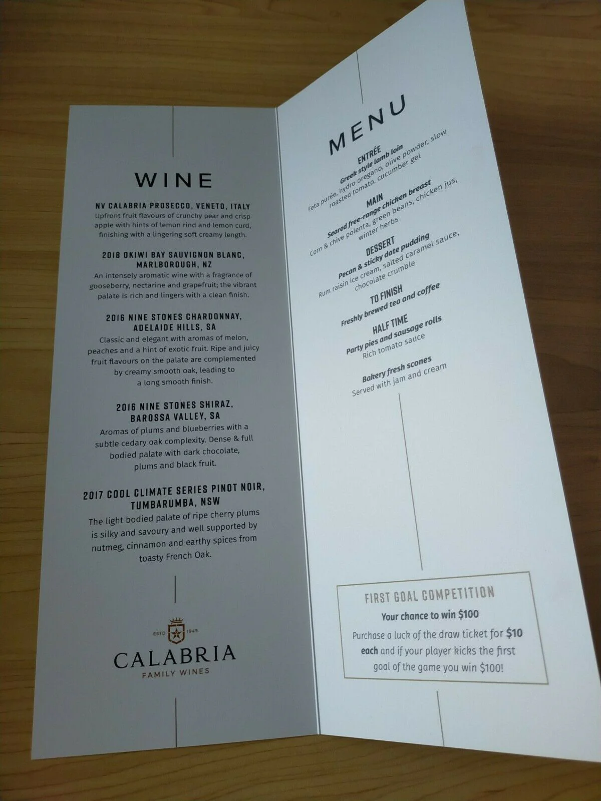 AFL Collingwood Football Club President's Club Collingwood v Richmond Round 19 Menu - Image 3