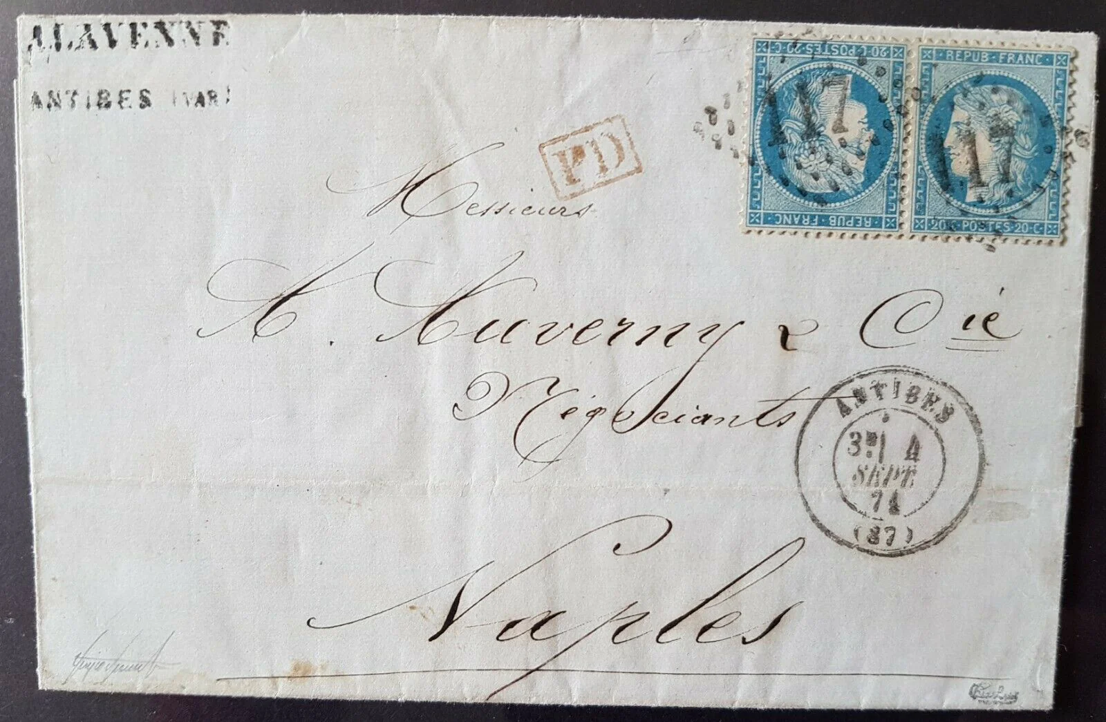 France Yvert 37c, 20c Dark Blue horizontal Tete-beche Pair on entire
