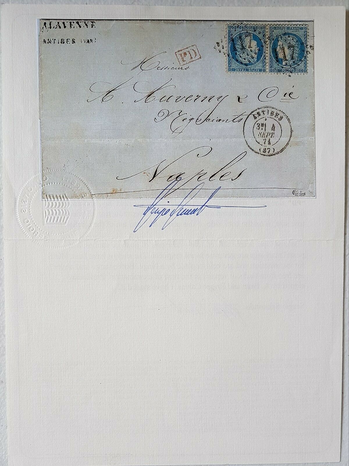 France Yvert 37c, 20c Dark Blue horizontal Tete-beche Pair on entire - Image 5