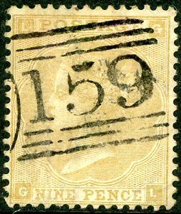 GB Great Britain 9d Straw Stamp with numeral cancel 159