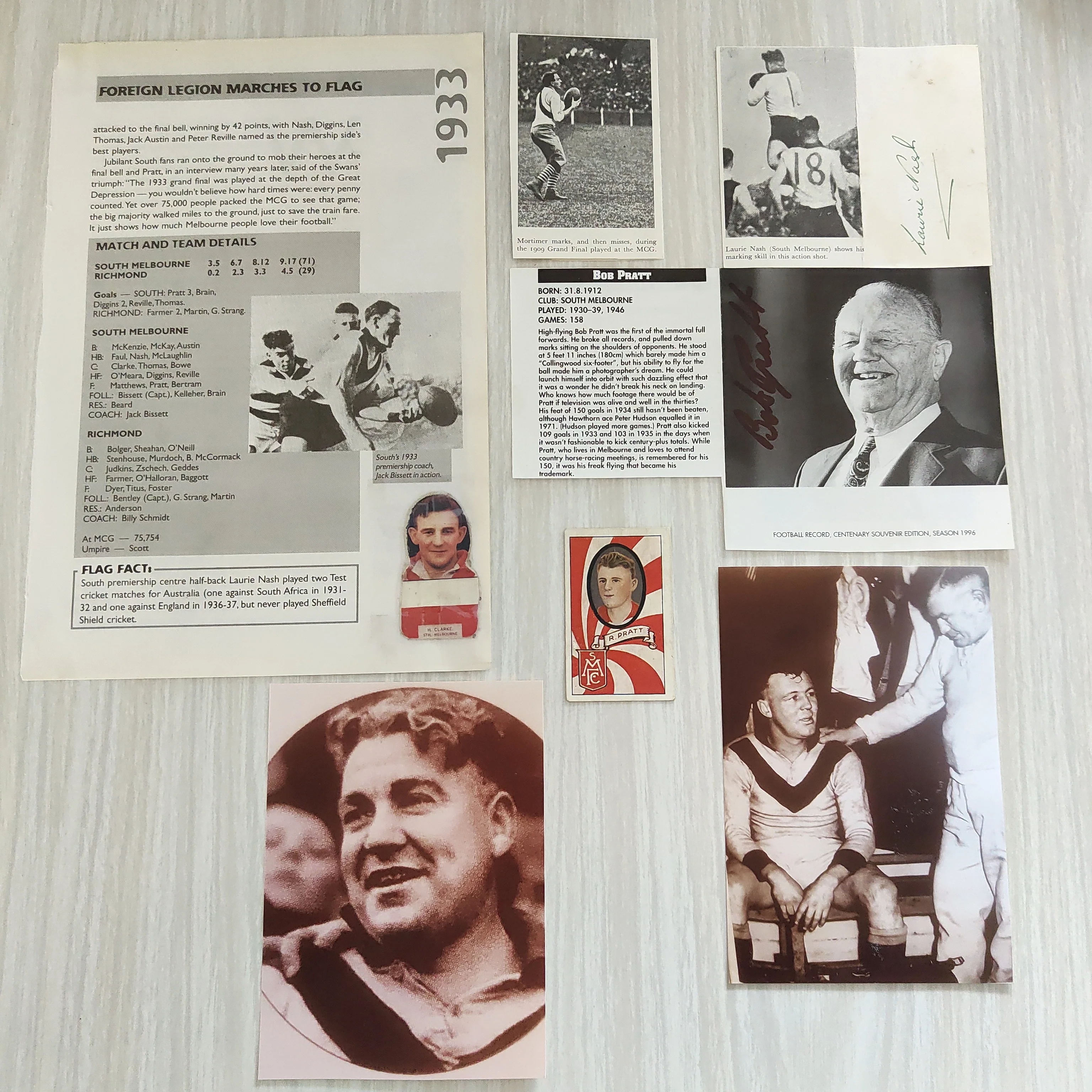 Lot of South Melbourne Football Club Memorabilia Including Bob Pratt and Laurie Nasj Signatures