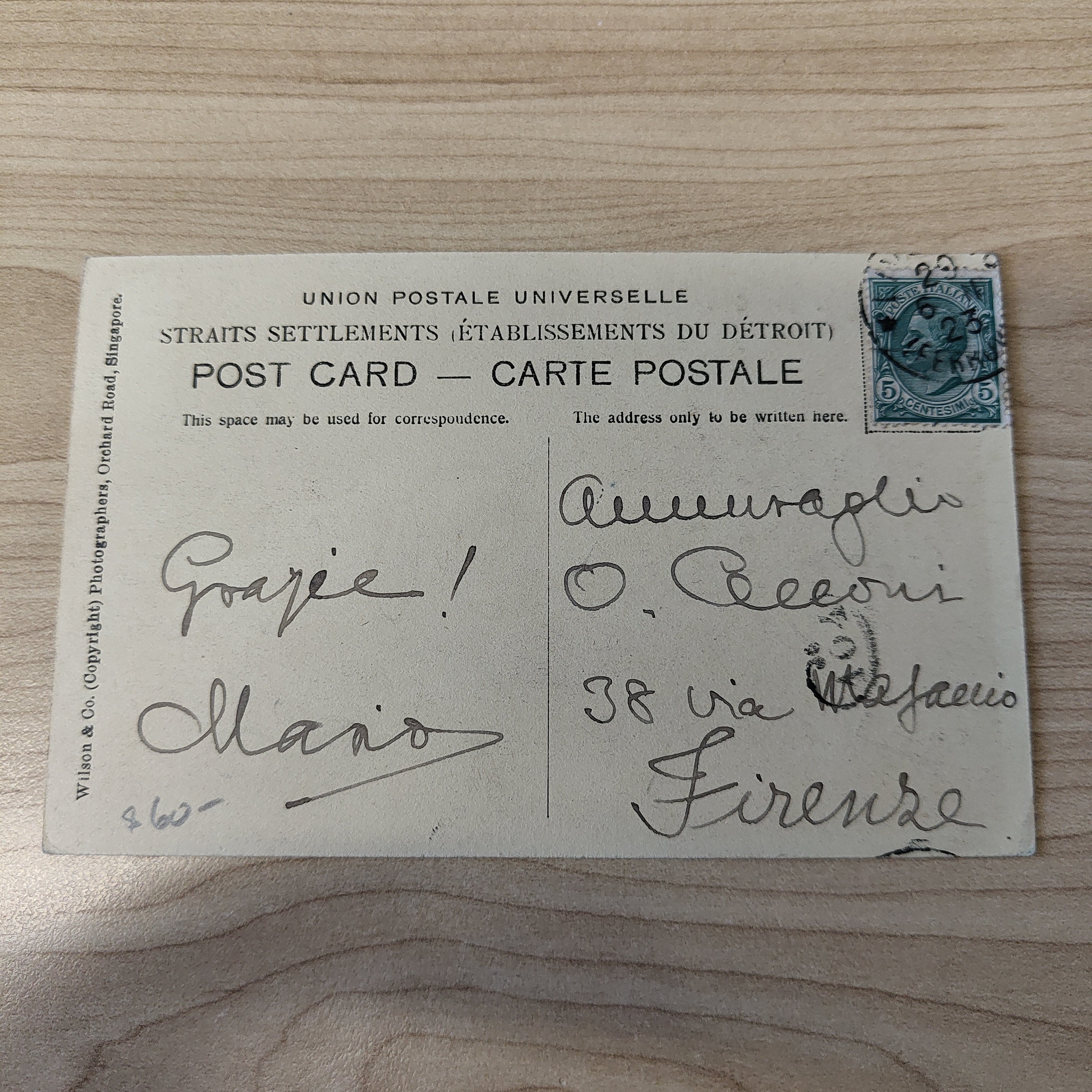 Malaya Strait Settlements Singapore Boat Quay 5c Poste Italiane 1923 Postcard To Italy - Image 2