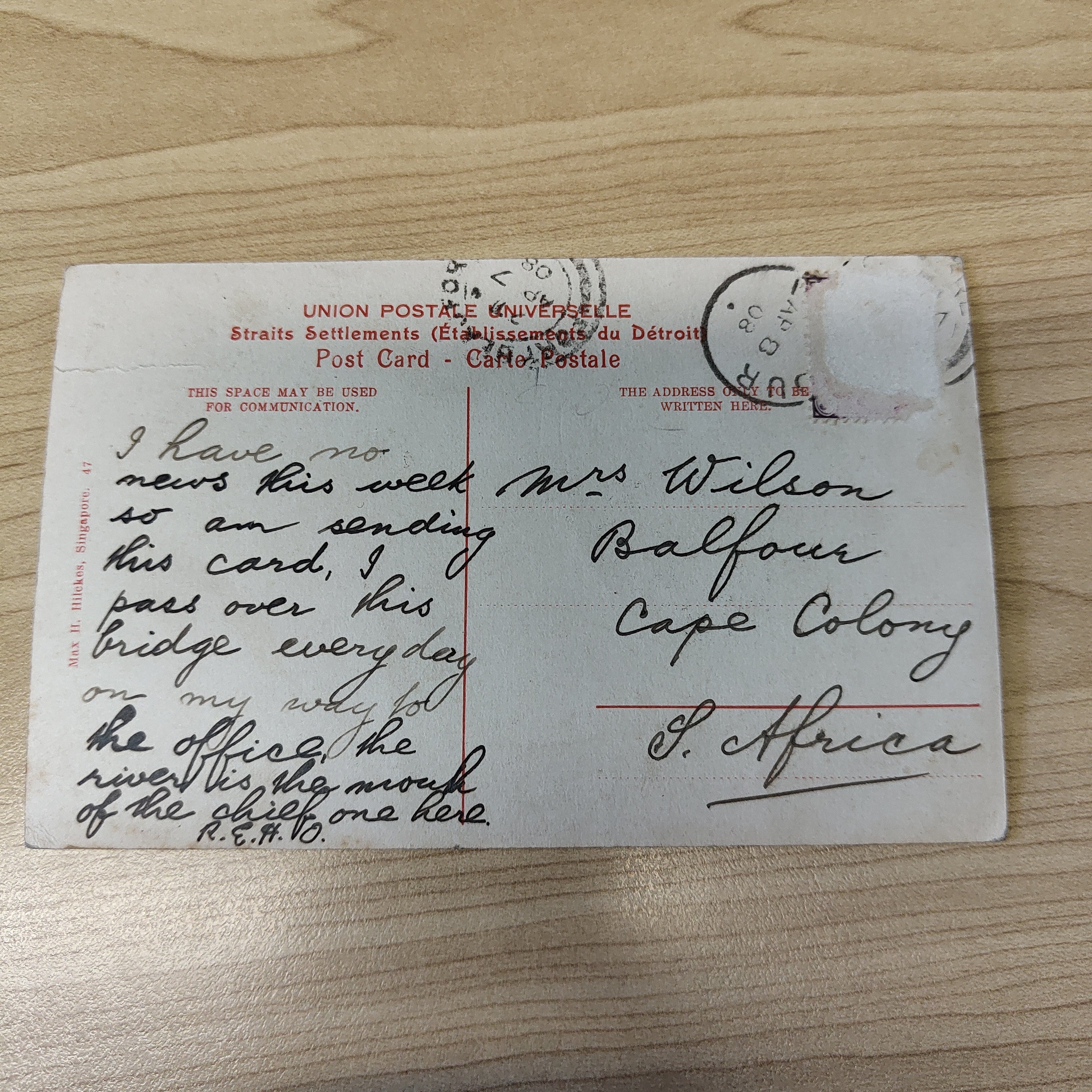 Malaya Strait Settlements Singapore Cavenagh Bridge 1908 Postcard To South Africa - Image 2