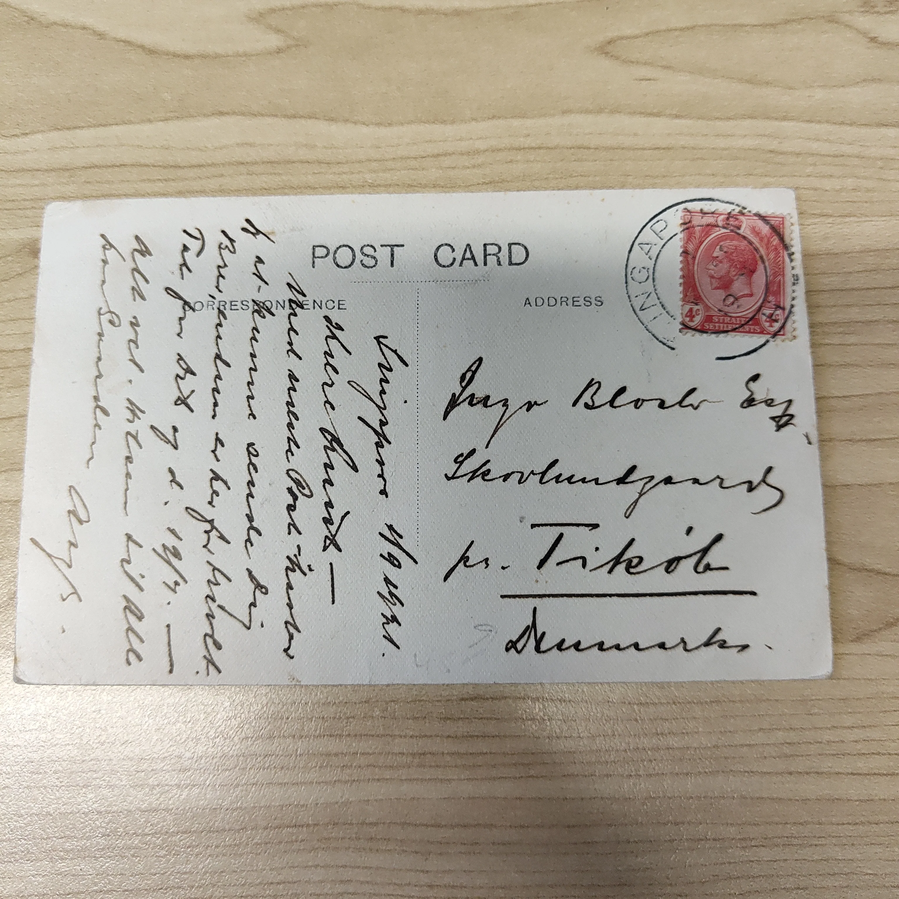 Malaya Strait Settlements Singapore Flying Fox Postcard 4c King George V 1921 To Denmark - Image 2